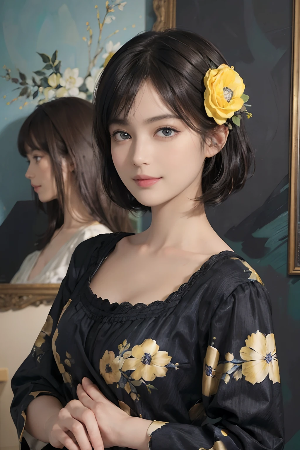 (((Black Shorthair))), (Louvre Museum), Pose Seductive, (A hyper-realistic), (Illustration), (Increased resolution), (8KUHD), (Extremely detailed), (Best Illustration), (Beautiful and detailed eyes), (Best Quality), (ultra-detailliert), (masutepiece ), ( Wallpaper), (Detailed face), Solo, (One woman dressed in blue and yellow), (Floral clothing),  (Breast bulge), Fine details, Detailed face, Deep Shadows, lowkey, pureerosfaceace_v1, Smiling,  46 point slanted bangs,  (Stand in front of an abstract painting)