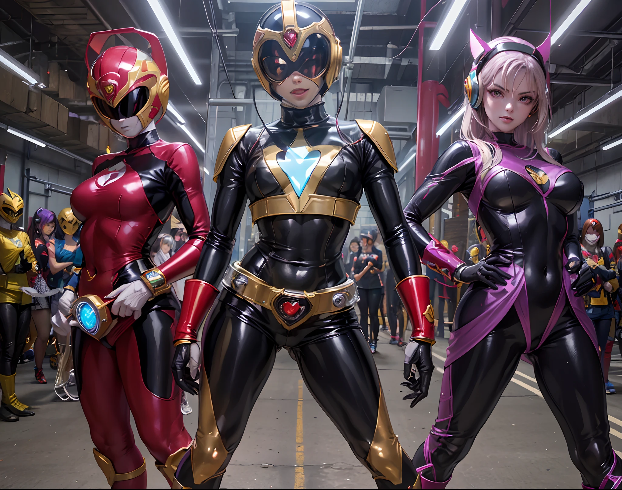 super SENTAI, Power Ranger, black latex, high leg, 5girls. evil figure, whole body,sexy pose, empty eyes, chained to machines, forehead, Heart tattoo, glowing tube, helmet, colorful lightning, headphone, chastity belt, ecstasy, costume with visible navel, glitter on costume