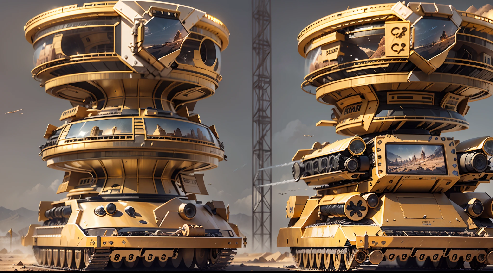 Huge golden tank tracks，Gold tires，Carrying a huge golden fortress，Drive in the desert，The fortress was equipped with powerful artillery，Missile launchers，Golden drones fly around it，Stay vigilant，High technology meets luxury，A fusion of artistic beauty and mechanical beauty，Use Pixai to bring powerful AI models to life, Show the limitless creativity and possibilities of our imagination. Experience the future of the cityscape at Pixai，Immerse yourself in a visionary world of art