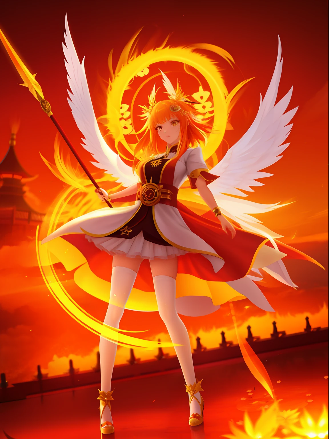 Anime game Arcane Garden's of the Great White Empire - Girl, fairy, golden eyes, fiery golden hair, orange feather wings, fairy wings, feathers, fiery golden dress, white tights, white hairpin, lotus bracelet, fiery lotuses, lake, sunset, Asian temple on the background, white scythe