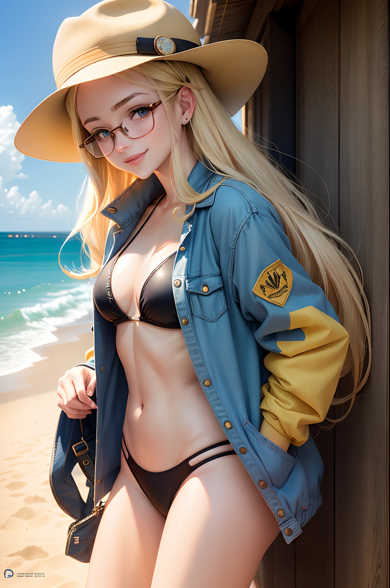 90's anime art style, copyright, Gold Digger, artist Fred Perry, 1girl, Gina Diggers (Character), Smiling, long blonde_hair, blue eyes, round glasses, bikini, at the beach, short sleeved small open jacket, indiana jones Fedora, holding smartphone