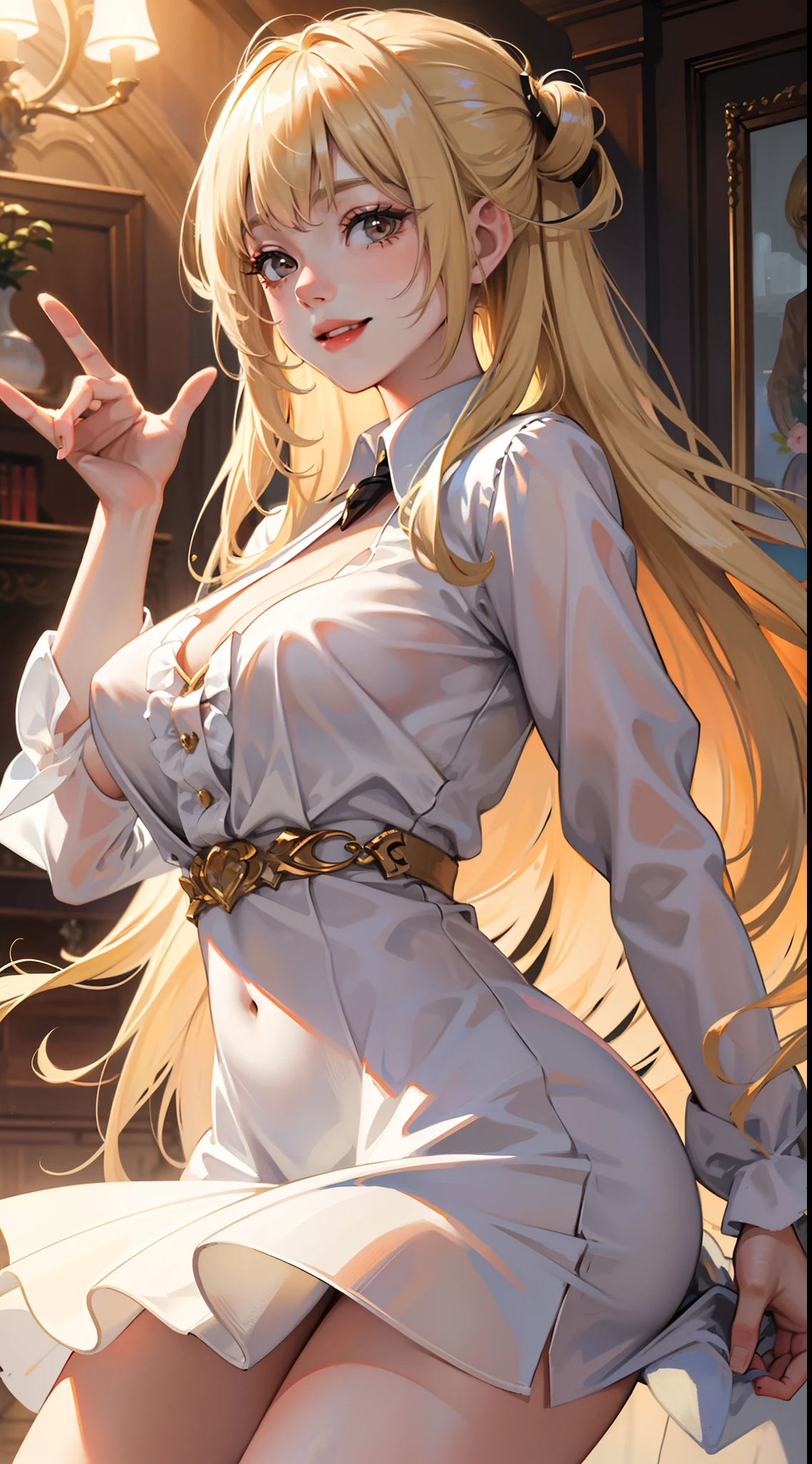 young girl, longue blonde hair, white eyes, Smile, translucent blouse, Upskirt, ssmile, Masterpiece, hiquality, 4k, HD, Good detail