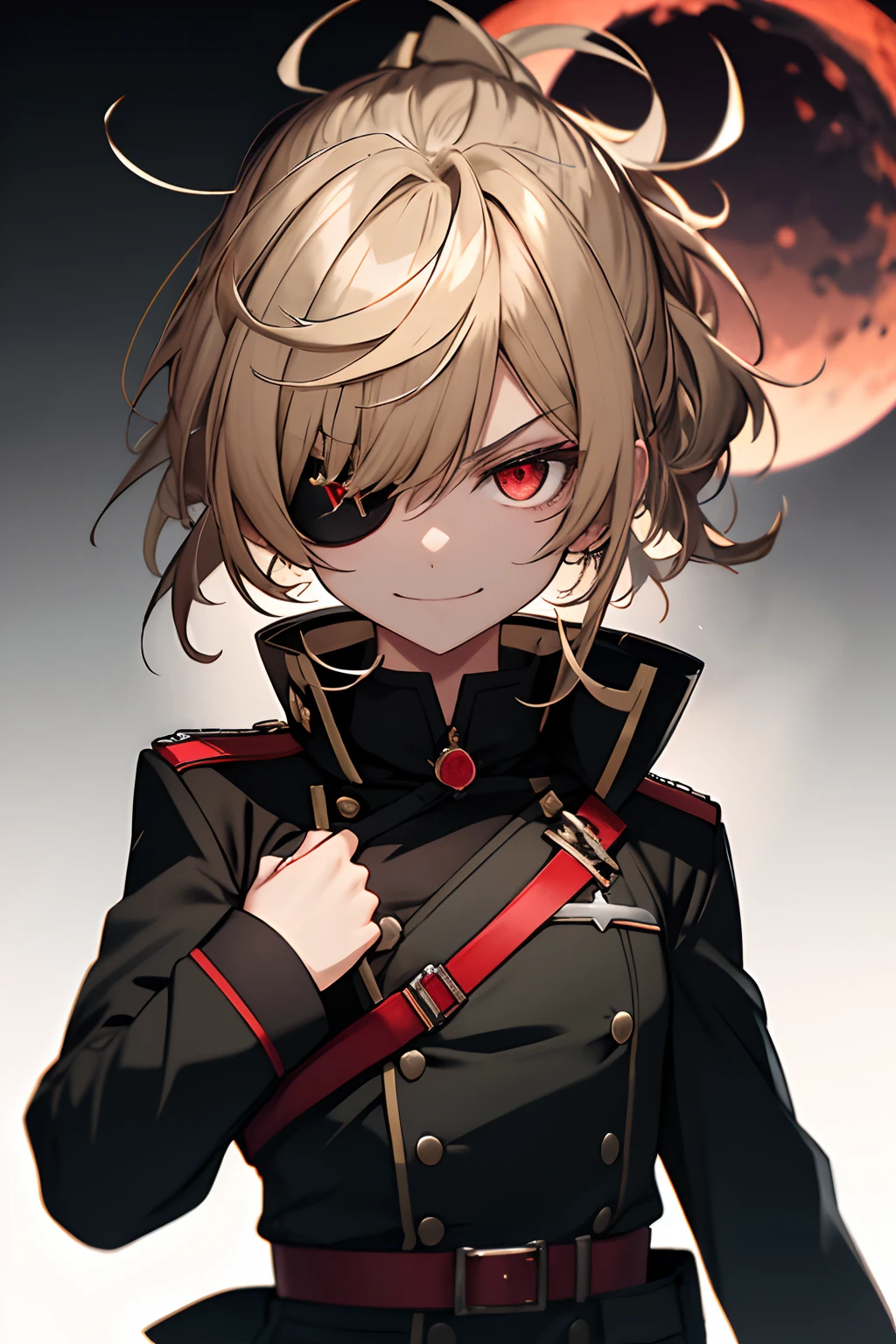 (masterpiece,top-quality:1.1), 1girl solo, Guillotine NIKKE, 1girl in, 独奏, 小柄, flat-chest, Military, Black color military uniform, a blond, Black eye patch for the right eye, evil smile, Evil look, irate, red eyes, Neutral lighting,Red Moon