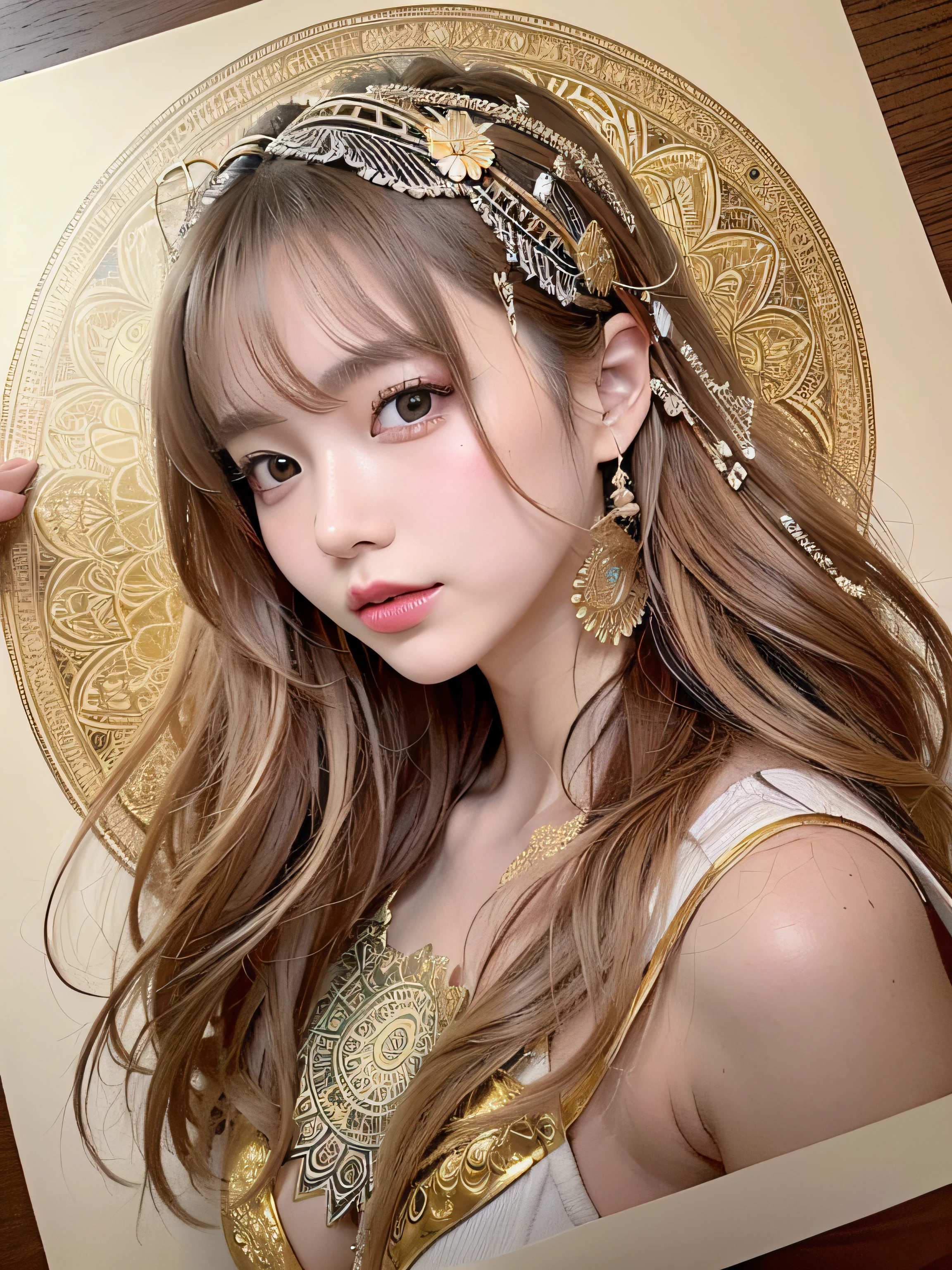 PerfectNwsjMajic,(masutepiece, of the highest quality, Best Quality, Official art, Beautiful and aesthetic:1.2), (1girl in), ighly detailed,Colorful,highest details, Official art, Unity 8k壁纸, ultra-detailliert, Beautiful and aesthetic, Beautiful, masutepiece, Best Quality, (Zentangle, mandalas, Tangle, Entangle) ,Holy Light,gold foil,Gold leaf art,glitter drawing,