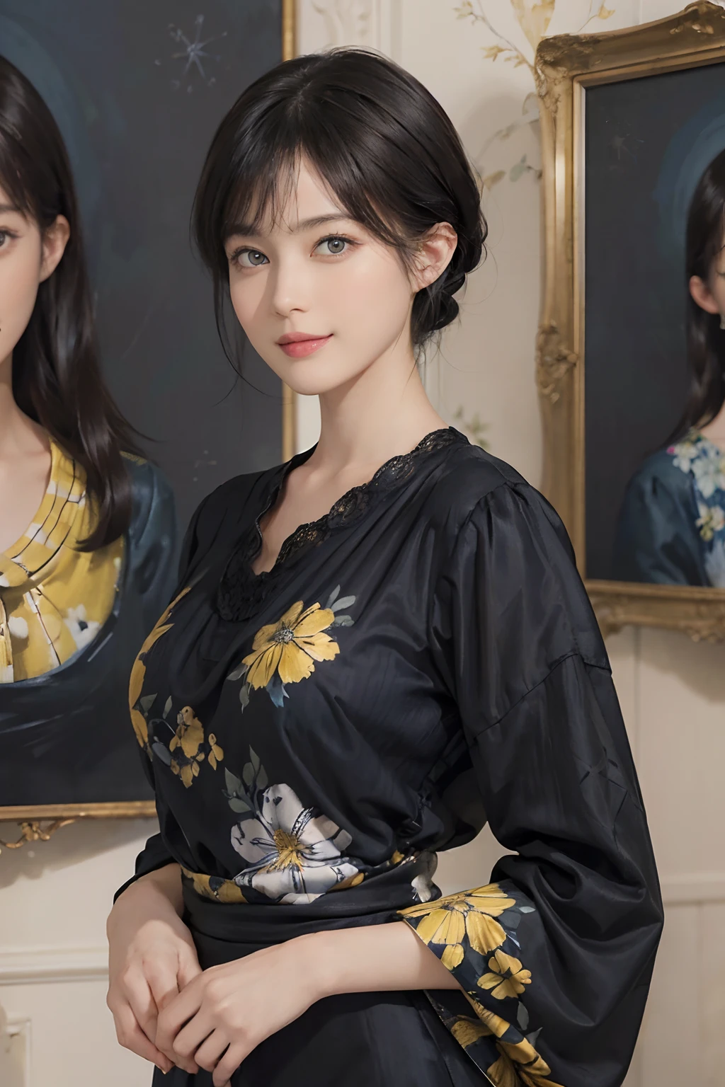 (((Black Shorthair))), (Louvre Museum), Pose Seductive, (A hyper-realistic), (Illustration), (Increased resolution), (8KUHD), (Extremely detailed), (Best Illustration), (Beautiful and detailed eyes), (Best Quality), (ultra-detailliert), (masutepiece ), ( Wallpaper), (Detailed face), Solo, (One woman dressed in blue and yellow), (Floral clothing), (Breast bulge), Fine details, Detailed face, Deep Shadows, lowkey, pureerosfaceace_v1, Smiling, 46 point slanted bangs, (Stand in front of an abstract painting)