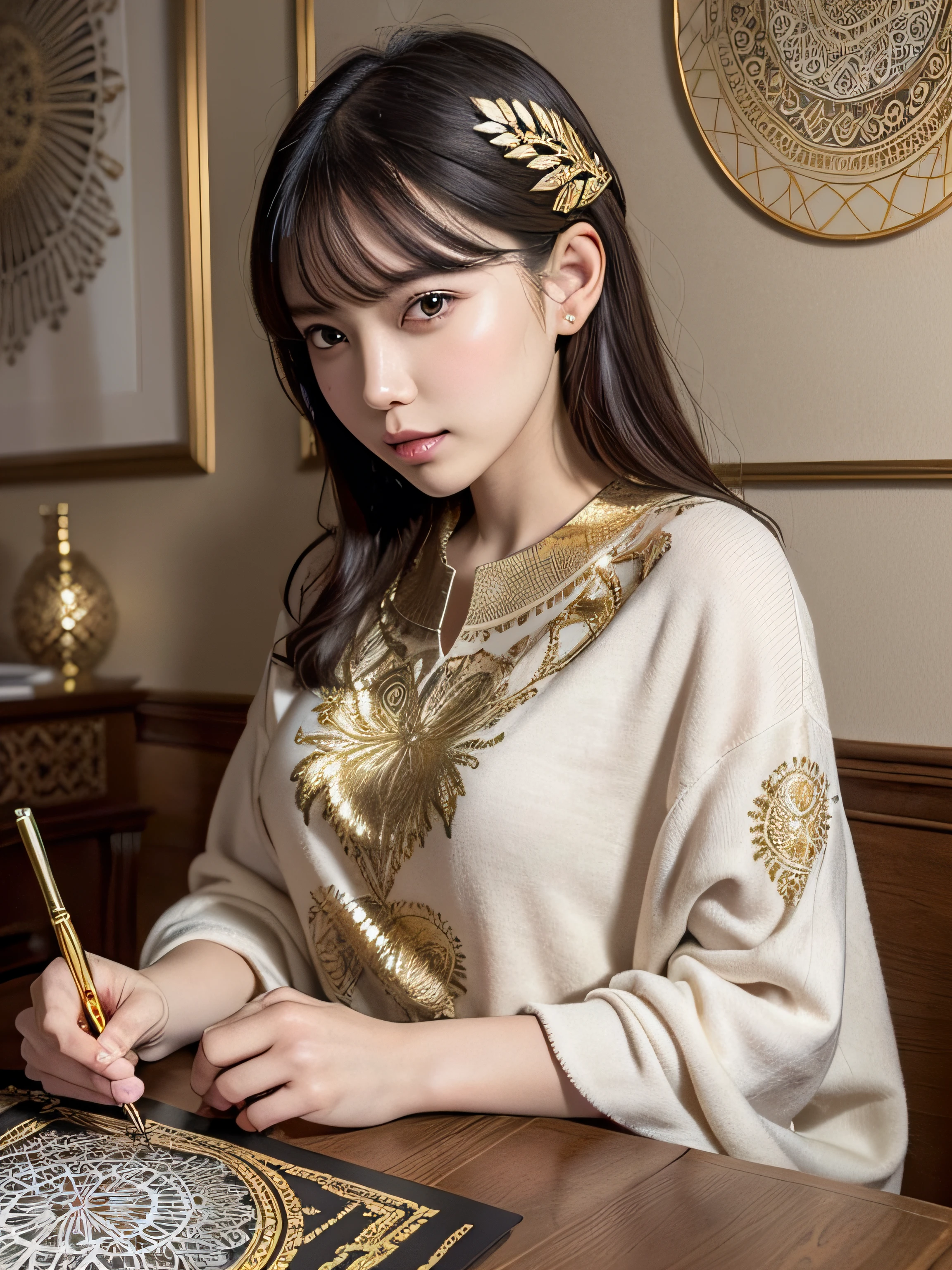 PerfectNwsjMajic,(masutepiece, of the highest quality, Best Quality, Official art, Beautiful and aesthetic:1.2), (1girl in), ighly detailed,Colorful,highest details, Official art, Unity 8k壁纸, ultra-detailliert, Beautiful and aesthetic, Beautiful, masutepiece, Best Quality, (Zentangle, mandalas, Tangle, Entangle) ,Holy Light,gold foil,Gold leaf art,glitter drawing,