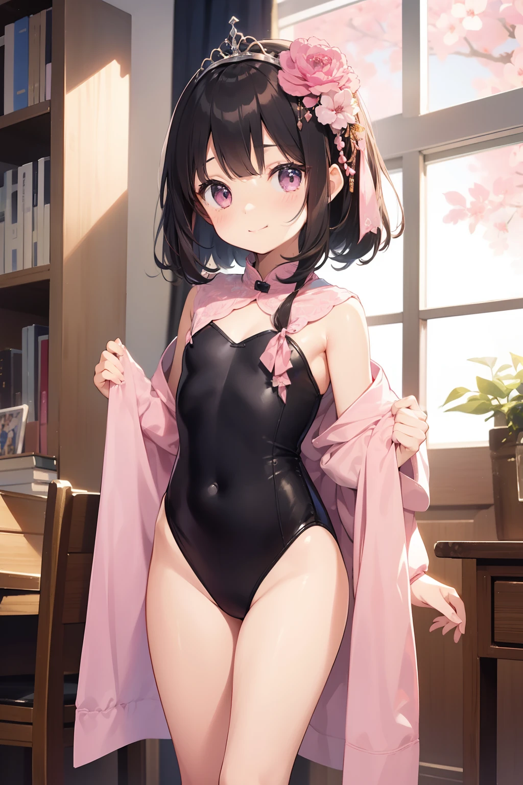 top-quality、extremely delicate and beautiful、Soio、Soio、8-year-old 、japanes、Lori、Chiquita、elementary student、A dark-haired、((Pink leotard))、(highleg)dress room、、Tiara on the head、A smile、is standing、Facing the front
