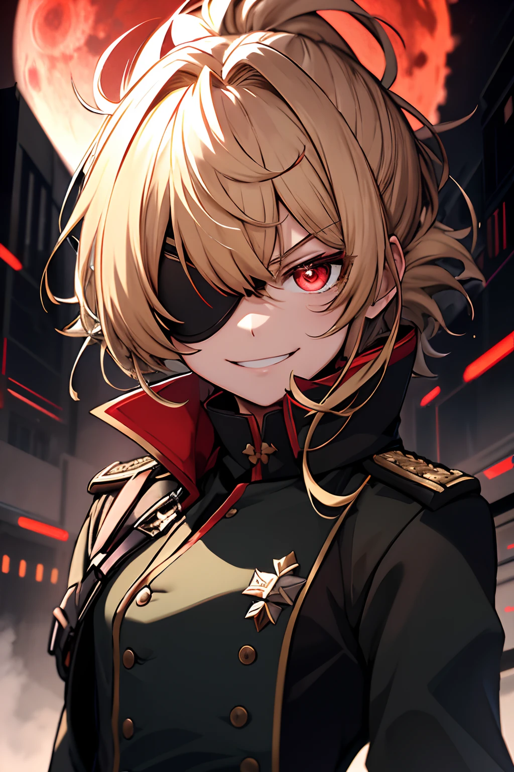 (masterpiece,top-quality:1.1), 1girl solo, Guillotine NIKKE, 1girl in, 独奏, 小柄, flat-chest, Military, Black color military uniform, a blond, Black eye patch for the right eye, evil smile, Evil look, irate, red eyes, Neutral lighting,Red Moon