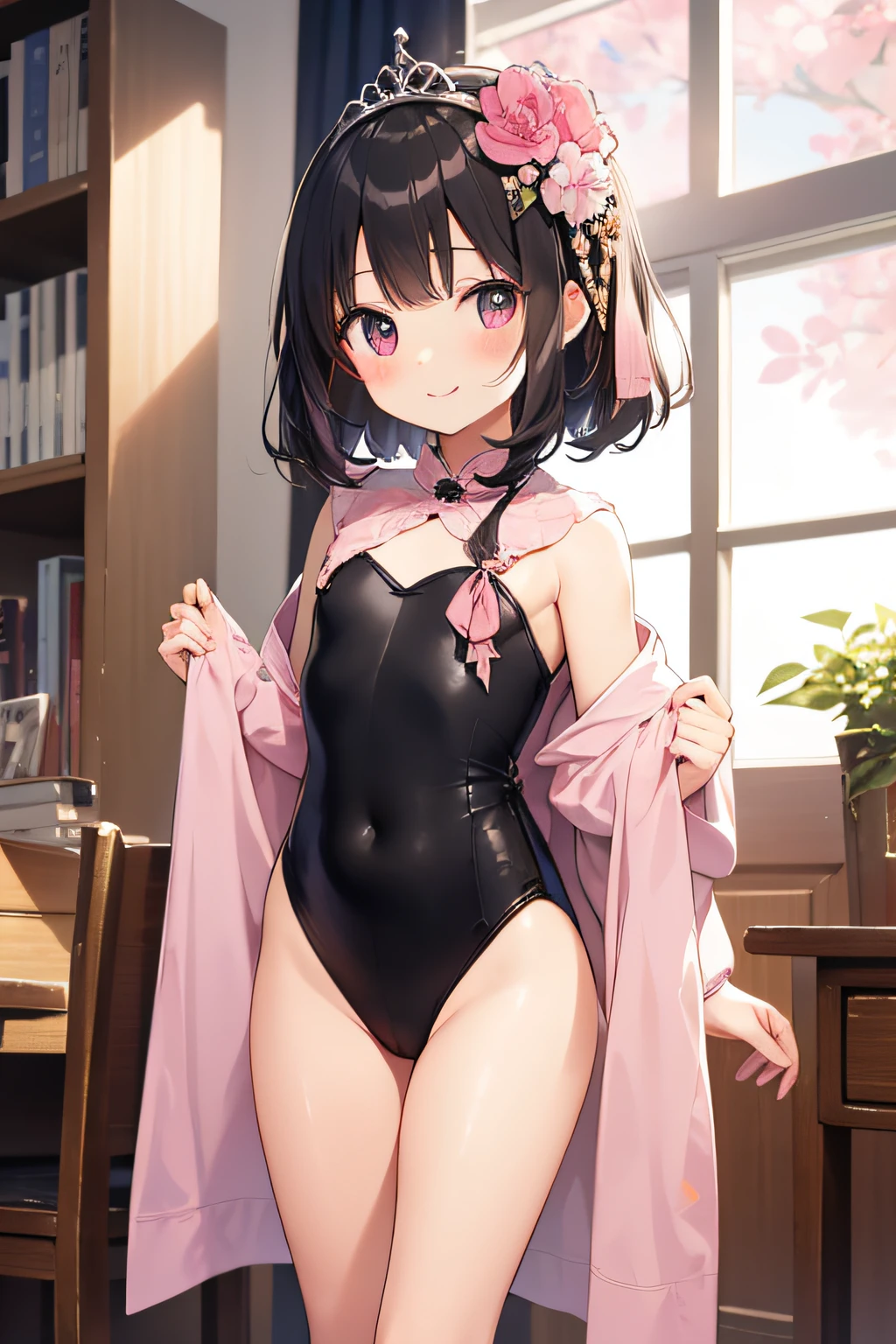 top-quality、extremely delicate and beautiful、Soio、Soio、8-year-old 、japanes、Lori、Chiquita、elementary student、A dark-haired、((Pink leotard))、(highleg)dress room、、Tiara on the head、A smile、is standing、Facing the front