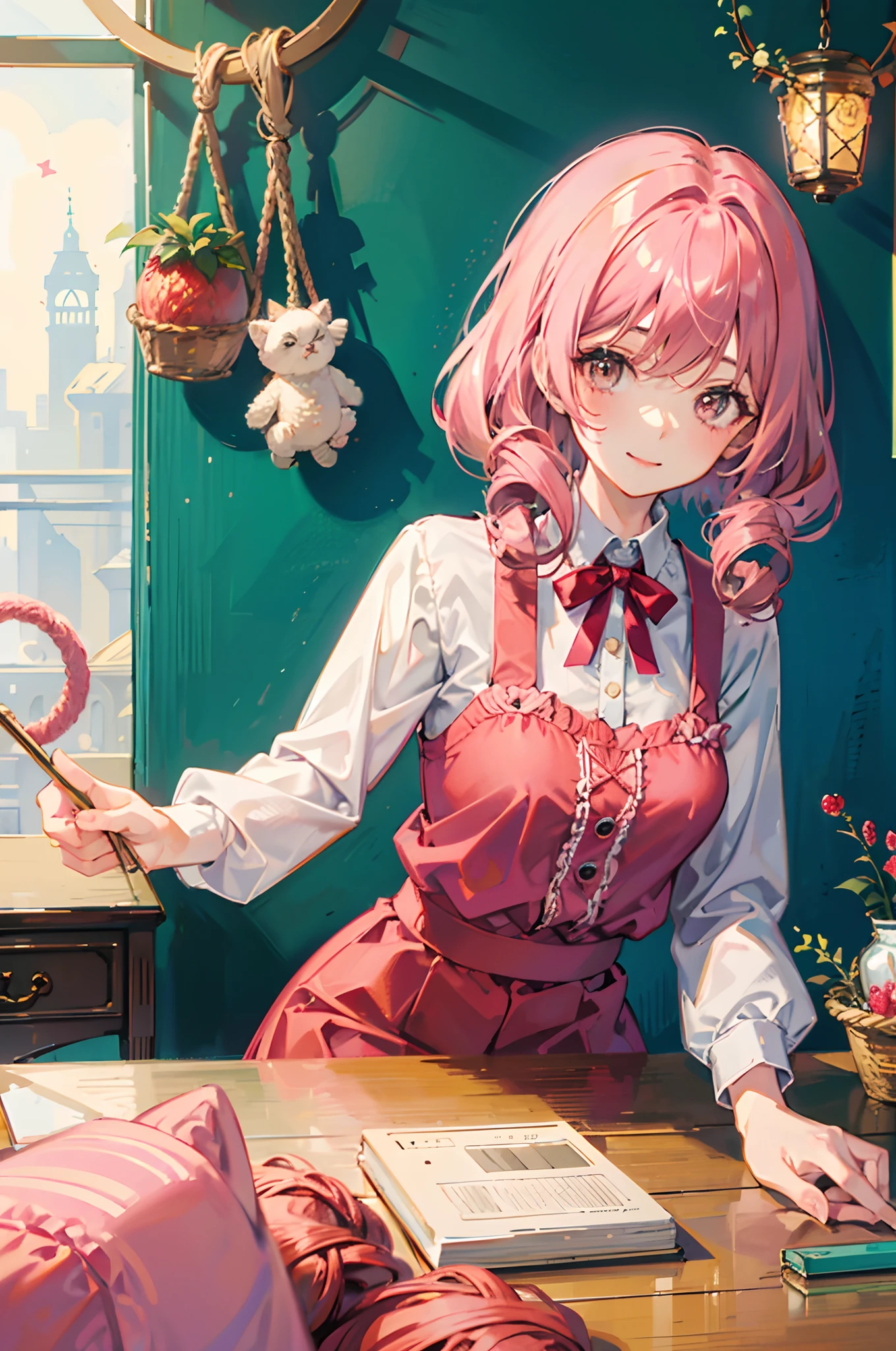 girl with curly pink hair, cute, wearing a strawberry skirt, cute room with yarn and plushies, sitting at the desk, crocheting, smiling at camera, cat in the background
