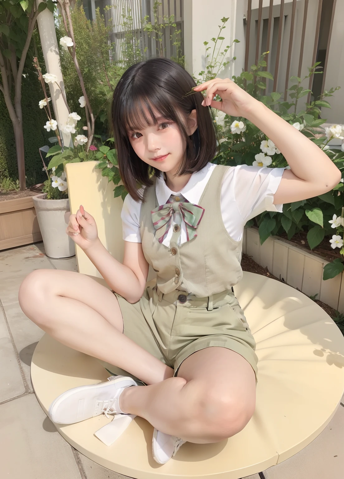 female high-school student、Good Style、bob cuts、Light green salopette pants(Shorts)、Idol face、large full breasts、Sleeveless、、