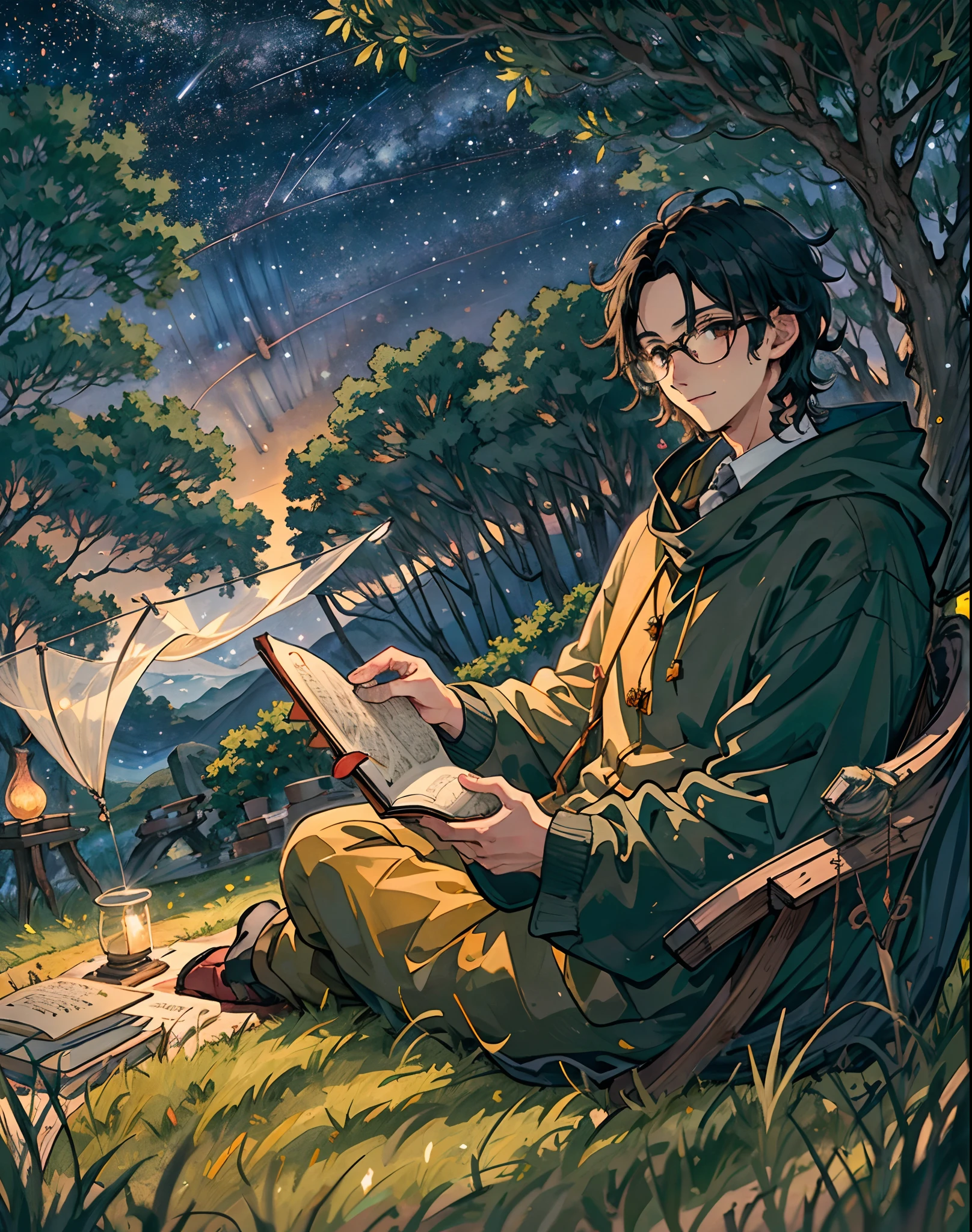 Yang sits on the grass reading a book, Long black curly hair, Wearing glasses, Delicate smile, bright brown eyes, Looking Up The Sky, Lamp light, Whole body, Under a big tree, A farther field of view, Tent in the background, Starry sky, Illuminated night, Photography effects, 8K, Super detailed, Ultra photo realsisim.