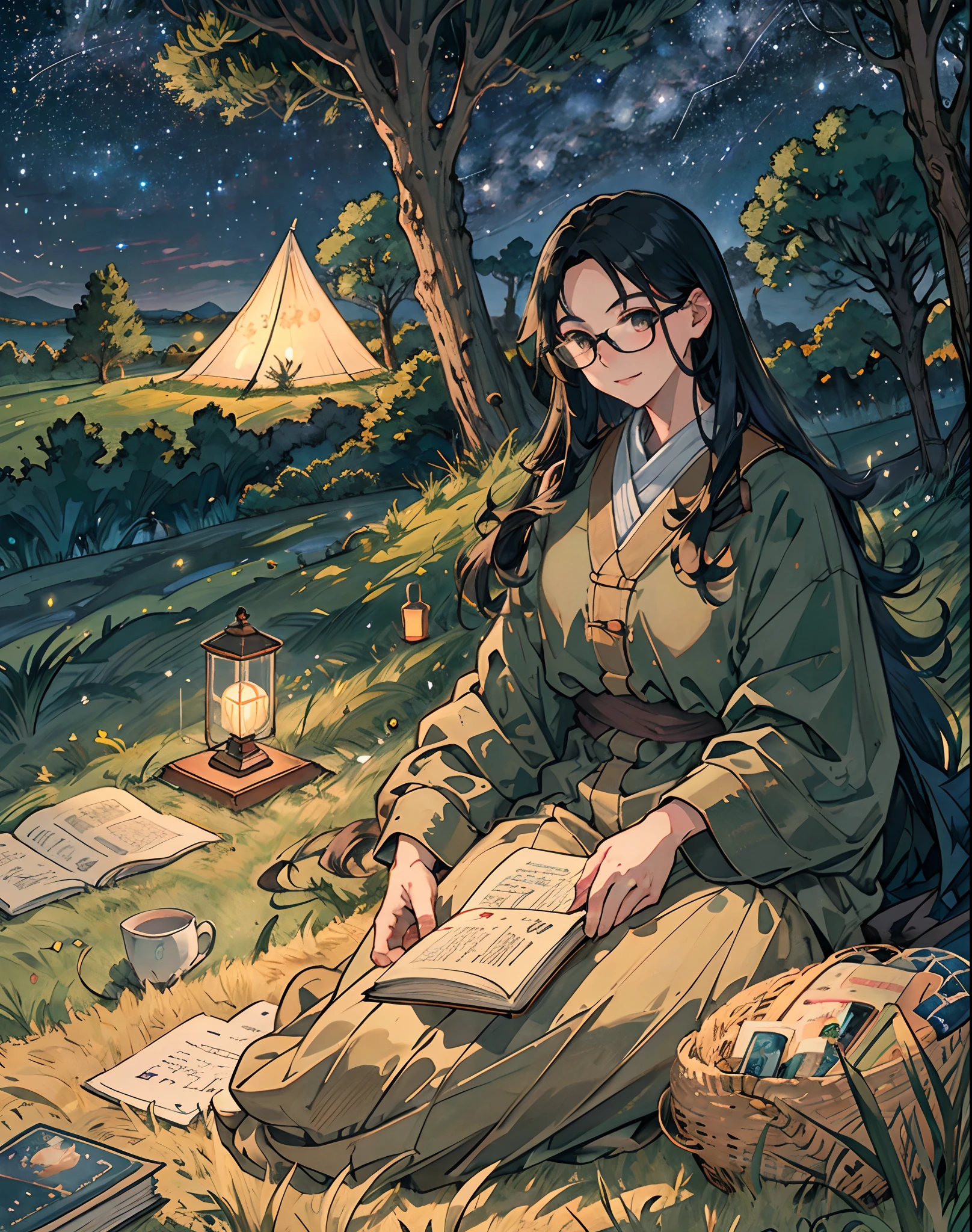 Yang sits on the grass reading a book, Long black curly hair, Wearing glasses, Delicate smile, bright brown eyes, Looking Up The Sky, Lamp light, Whole body, Under a big tree, A farther field of view, Tent in the background, Starry sky, Illuminated night, Photography effects, 8K, Super detailed, Ultra photo realsisim.