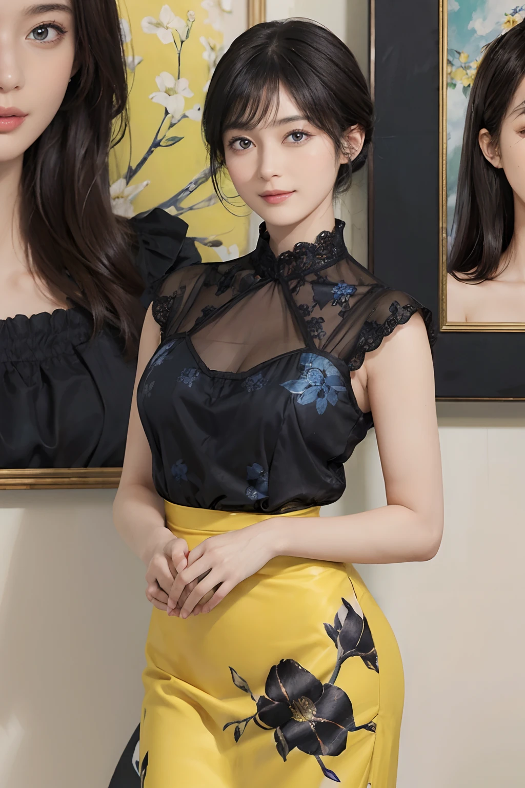(((Black Shorthair))), (Louvre Museum), Pose Seductive, (A hyper-realistic), (Illustration), (Increased resolution), (8KUHD), (Extremely detailed), (Best Illustration), (Beautiful and detailed eyes), (Best Quality), (ultra-detailliert), (masutepiece ), ( Wallpaper), (Detailed face), Solo, (One woman dressed in blue and yellow), (Floral clothing),  (Breast bulge), Fine details, Detailed face, Deep Shadows, lowkey, pureerosfaceace_v1, Smiling,  46 point slanted bangs,  (Stand in front of an abstract painting)
