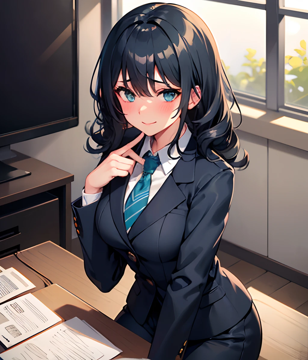 1girl, light blue buisness suit, dark green eyes, confident, friendly smile, black dyed curly hair, medium bust, blushing, sitting ontop of a desk and hands off to the sides, office background