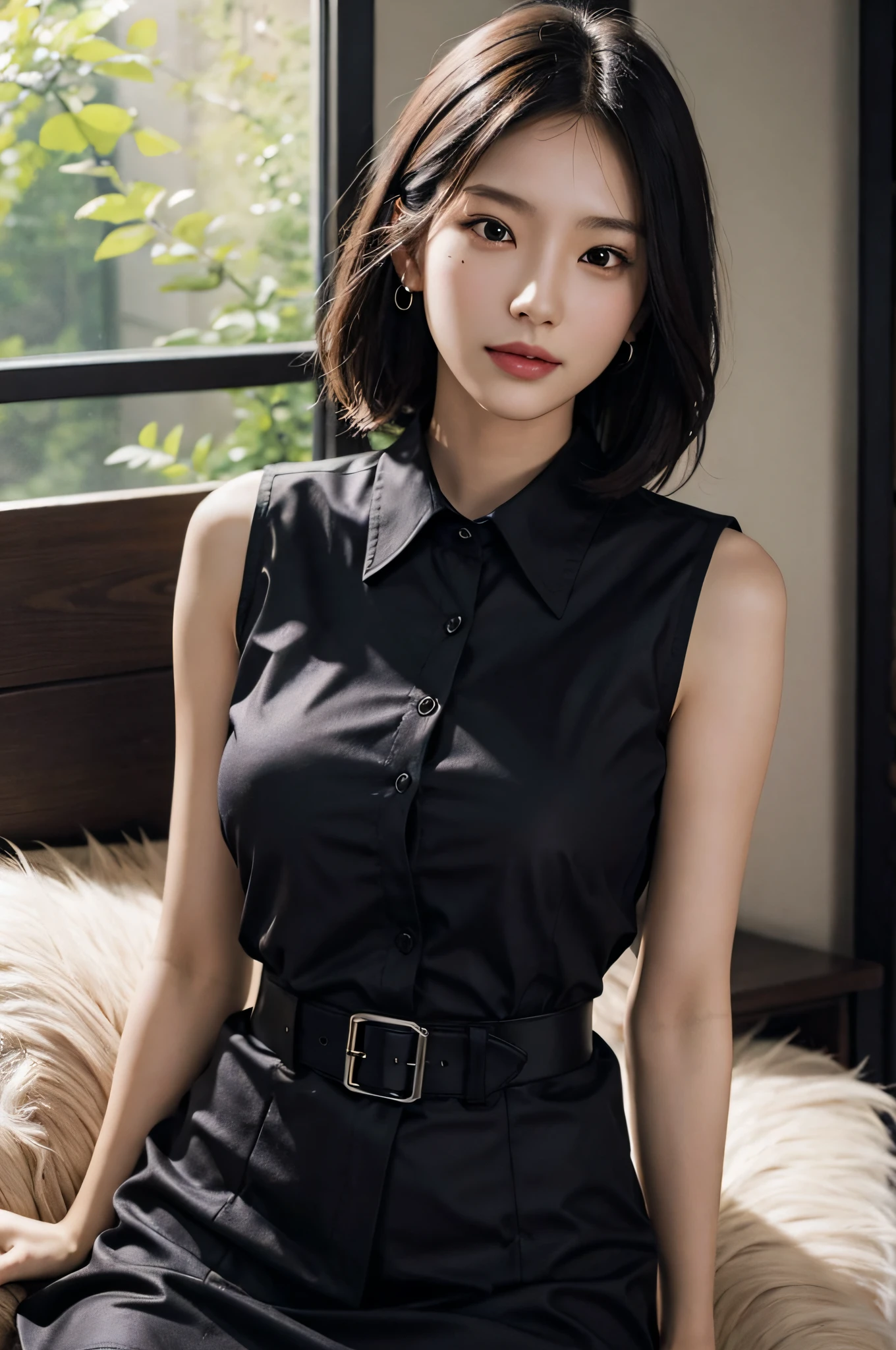 (very huge round breasts, perfect anatomy:1.4), (short hair, wavy hair, full body:1.1), (sleeveless, collared shirt, tight skirt:1.4), whole body, RAW photo, extremely delicate and beautiful, masterpiece, Best Quality, ultra high resolution, 16k, hyperrealistic, ultra-detailed, Very detailed CG 8k wallpaper, Beautiful Lighting, Perfect Lightning, Realistic Shadows, super Detailed shiny skin, perfect figure, Japanese woman, late 20s, Slim body, Slim abdomen, very small head, handsome detailed woman, very detailed eyes and face, realistic face proportions, Stunning detailed eyes, Realistic beautiful face, very small face, Realistic small beautiful eyes, double eyelids, makeup, tearful mole, mole on chest, earring, bare legs, beautiful and very thin legs, beautiful and very thin thighs, narrow waist, (cleavage, Soft midriff, Fine Collarbone, off-shoulder:0),