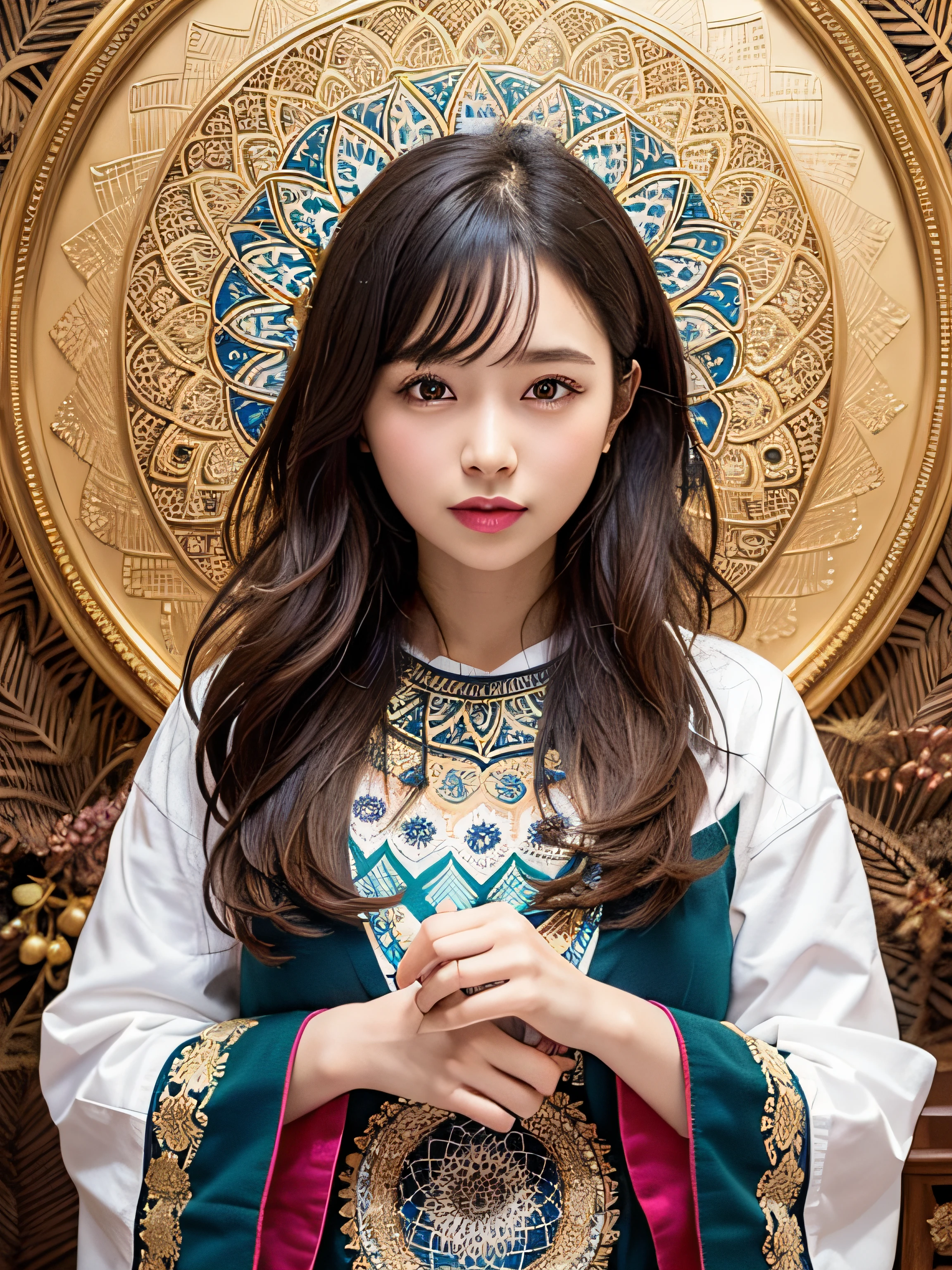 PerfectNwsjMajic,(masutepiece, of the highest quality, Best Quality, Official art, Beautiful and aesthetic:1.2), (1girl in), ighly detailed,Colorful,highest details, Official art, Unity 8k壁纸, ultra-detailliert, Beautiful and aesthetic, Beautiful, masutepiece, Best Quality, (Zentangle, mandalas, Tangle, Entangle) ,Holy Light,gold foil,Gold leaf art,glitter drawing,