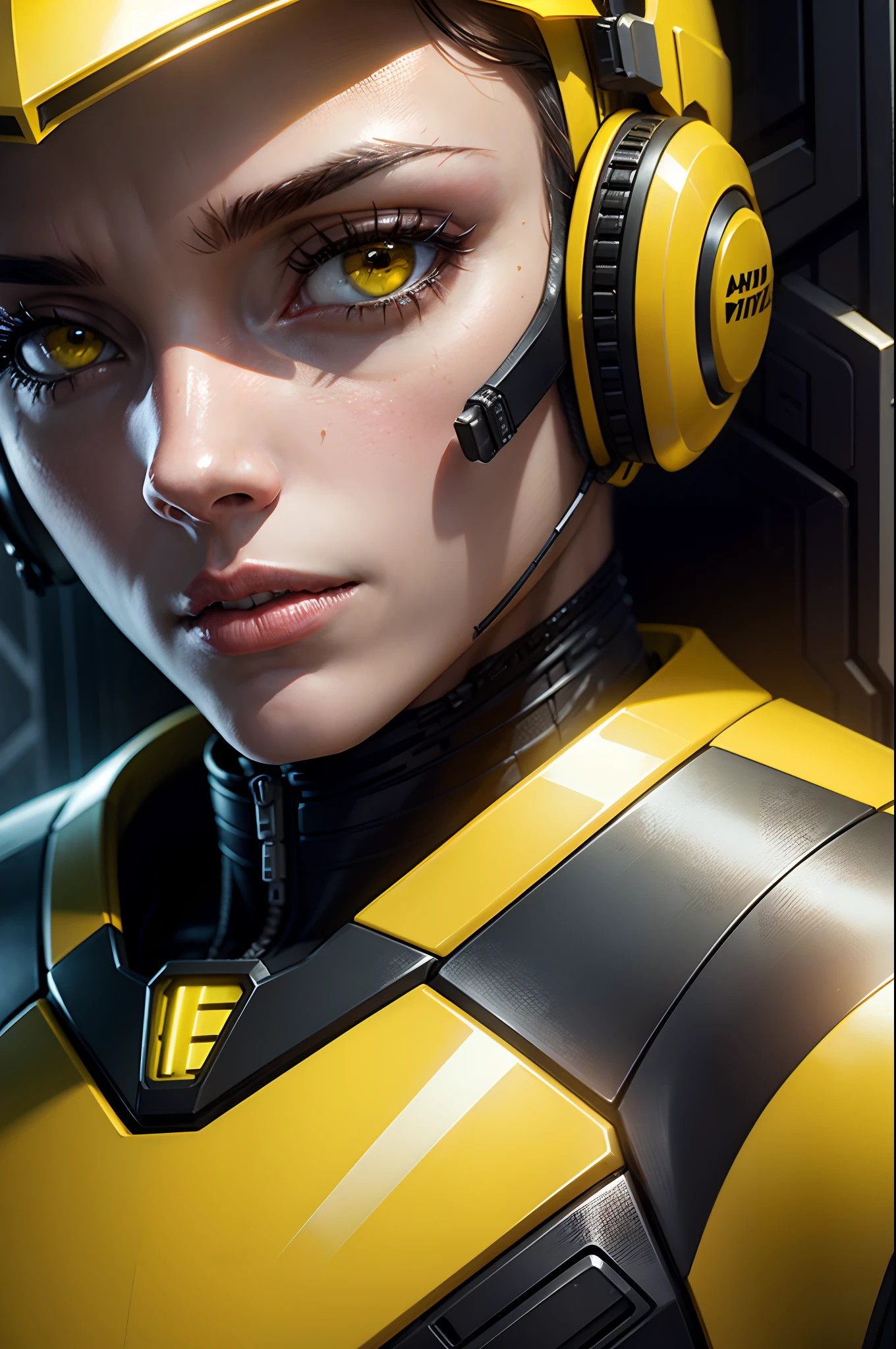 Realistic Yellow combat android in an advanced cybernetic suit with cyberpunk technological helmet and visor