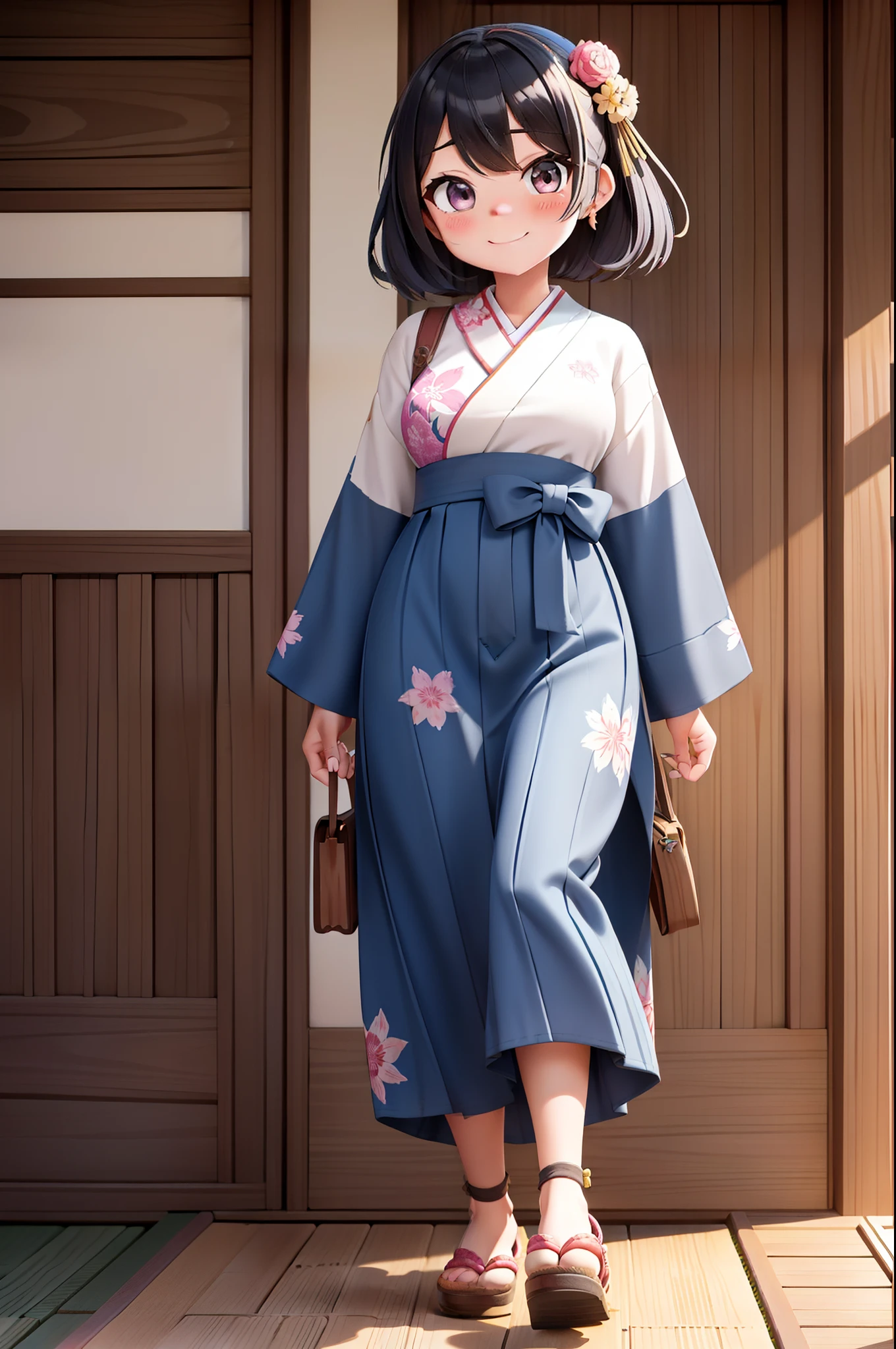 Woodblock prints and ink, A girl turned around, Clothing product samples , kawaii, smile, with colored contacts in her eyes, Accessories, full body,walking , in summer , Kinkakuji Temple in Kyoto