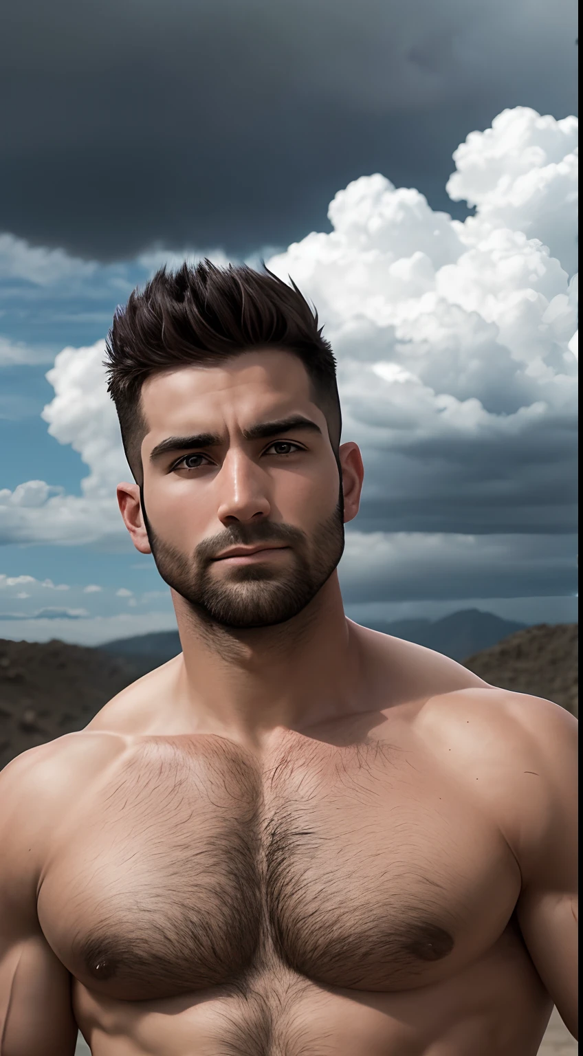 A muscular 30-year-old man in a shor and no t-shirt staring at the camera lens, en el cielo se ven nubes negras y quiere llover, el fondo en muy realista