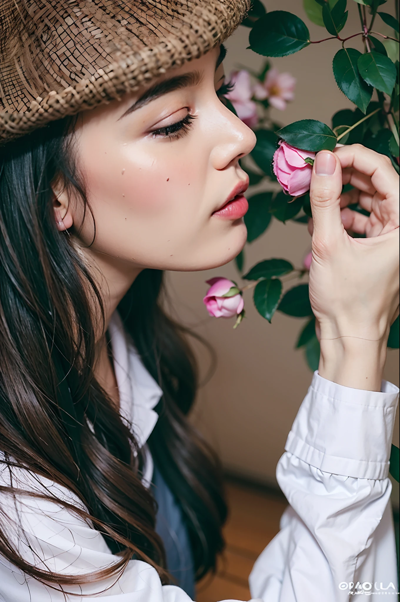 a close up of a woman smelling a pink rose with a hat on, holding a flower, holding a rose, smelling good, with flowers, holding a rose in a hand, holding flowers, girl with a flower face, picking up a flower, woman in flowers, infp young woman, attractive girl, girl in flowers, beautiful delicate face, holding magic flowers