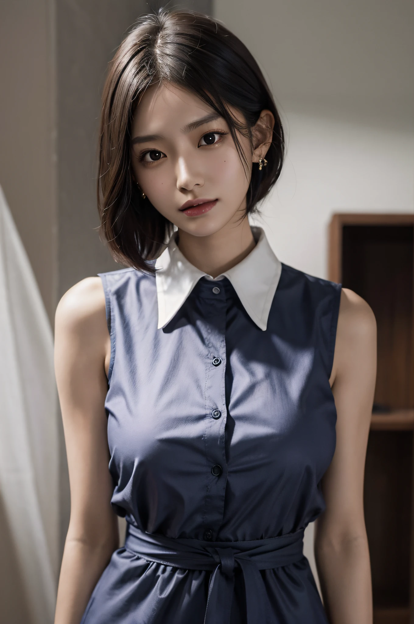 (very huge breasts, perfect anatomy:1.4), (short hair, wavy hair, full body:1.1), (Korean school uniform, summer school uniform shirt, sleeveless,:1.4), whole body, RAW photo, extremely delicate and beautiful, masterpiece, Best Quality, ultra high resolution, 16k, hyperrealistic, ultra-detailed, Very detailed CG 8k wallpaper, Beautiful Lighting, Perfect Lightning, Realistic Shadows, super Detailed shiny skin, perfect figure, Japanese woman, late 20s, Slim body, Slim abdomen, very small head, handsome detailed woman, very detailed eyes and face, realistic face proportions, Stunning detailed eyes, Realistic beautiful face, very small face, Realistic small beautiful eyes, double eyelids, makeup, tearful mole, mole on chest, earring, bare legs, beautiful and very thin legs, beautiful and very thin thighs, narrow waist, (cleavage, Soft midriff, Fine Collarbone, off-shoulder:0),