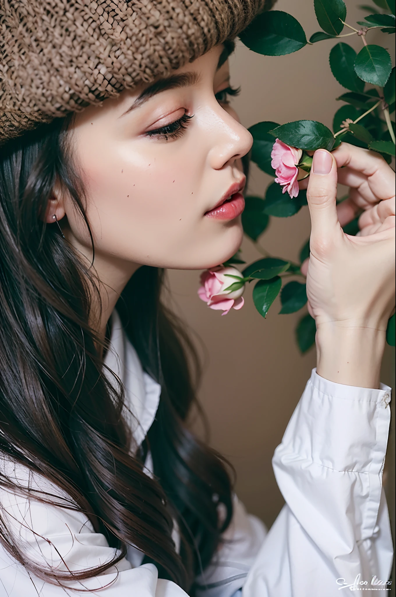 a close up of a woman smelling a pink rose with a hat on, holding a flower, holding a rose, smelling good, with flowers, holding a rose in a hand, holding flowers, girl with a flower face, picking up a flower, woman in flowers, infp young woman, attractive girl, girl in flowers, beautiful delicate face, holding magic flowers