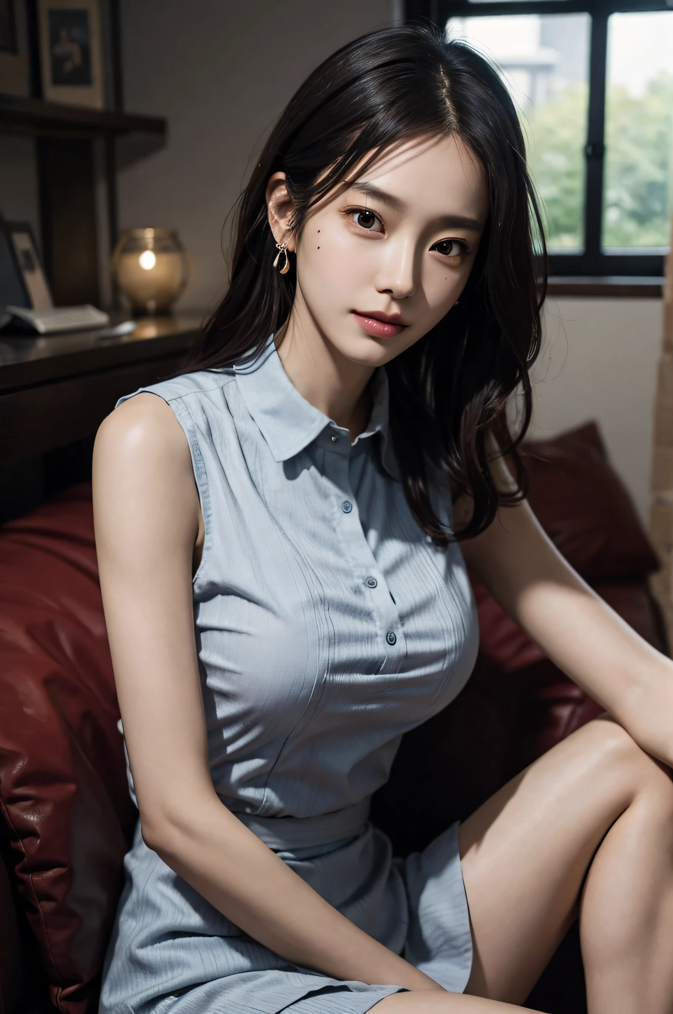 (very huge round breasts, perfect anatomy:1.4), (short hair, wavy hair, full body:1.1), (sleeveless casual dress:1.4), whole body, RAW photo, extremely delicate and beautiful, masterpiece, Best Quality, ultra high resolution, 16k, hyperrealistic, ultra-detailed, Very detailed CG 8k wallpaper, Beautiful Lighting, Perfect Lightning, Realistic Shadows, super Detailed shiny skin, perfect figure, Japanese woman, late 20s, Slim body, Slim abdomen, very small head, handsome detailed woman, very detailed eyes and face, realistic face proportions, Stunning detailed eyes, Realistic beautiful face, very small face, Realistic small beautiful eyes, double eyelids, makeup, tearful mole, mole on chest, earring, bare legs, beautiful and very thin legs, beautiful and very thin thighs, narrow waist, (cleavage, Soft midriff, Fine Collarbone, off-shoulder:0),