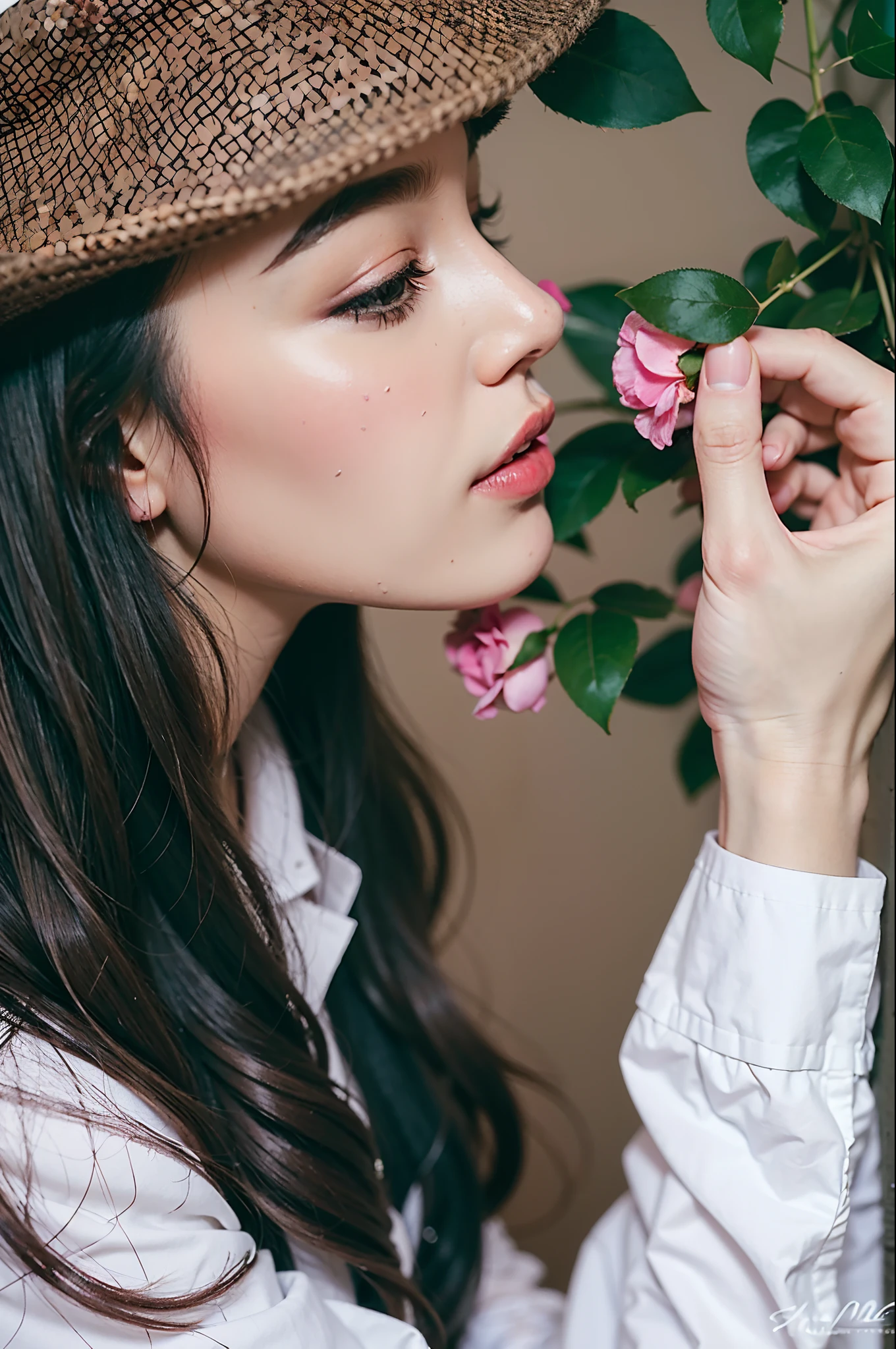 a close up of a woman smelling a pink rose with a hat on, holding a flower, holding a rose, smelling good, with flowers, holding a rose in a hand, holding flowers, girl with a flower face, picking up a flower, woman in flowers, infp young woman, attractive girl, girl in flowers, beautiful delicate face, holding magic flowers