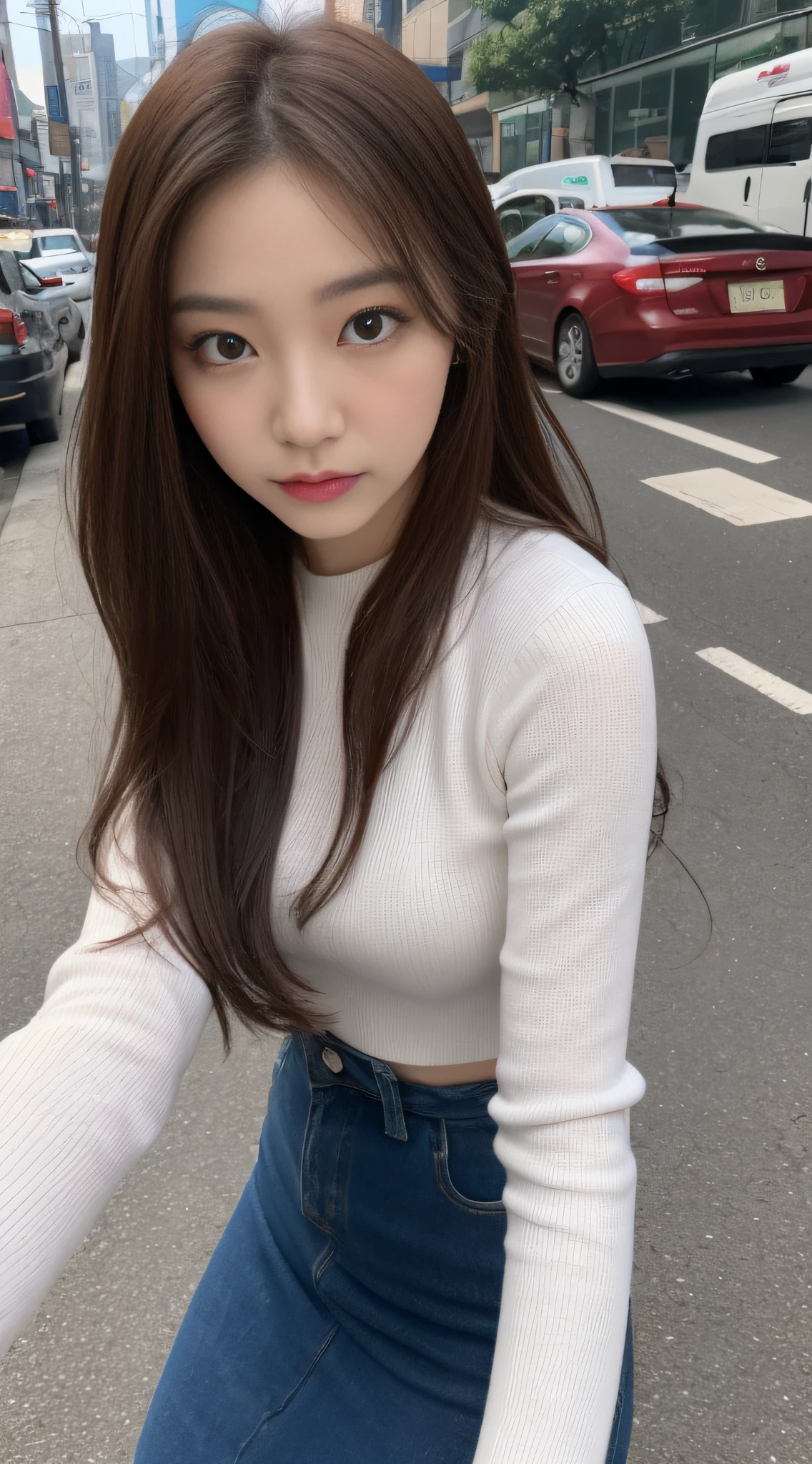 ((Day, Best Quality, 8K, Realistic)), Full body: 1.4, Slender abs: 1.2, ((Long windy dark brown hair: 1.2, Medium Breasts: 1.2)), (White long tight sleeves: 1.1, Tight pants: 1.1, Walking: 1.1), (Outdoor, Streets, Side korea road, Crowded korea traffic background: 1.1, Windy: 1.3, Day light view), Highly detailed face and skin texture, detailed eyes, double eyelids, full body selfie camera view, seductive random pose, (Face looking at the camera: 1.1, Ultra-wide selfie camera 0.5, Flash-camera, Holding the camera, Selfie: 1.1)