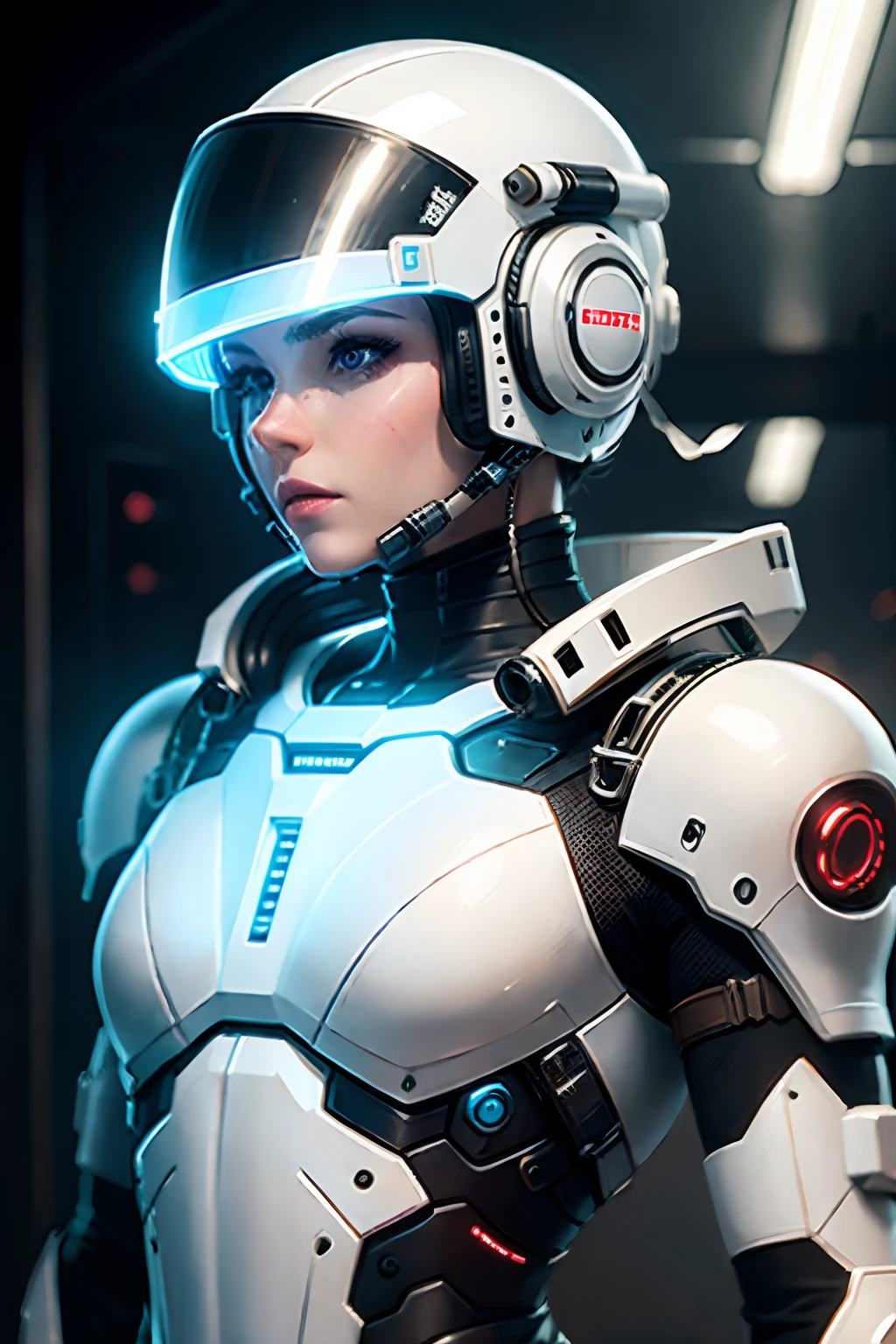 Realistic white combat android in an advanced cybernetic suit with cyberpunk technological helmet and visor