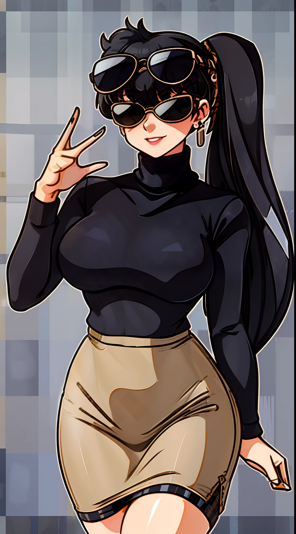 8k, highres, ultra detailed, (masterpiece:1.4), best quality, symmetrical body, KodachiKunou, (black roll-neck sweter:1.4), (beige pencil skirt with plaid pattern:1.4), (sunglasses:1.4), choker, cute, solo, earrings, long hair, dark black hair, grey eyes, glow effect, finely eye, grinning, wide smile, detailed face, looking at viewer, smilling at viewer, office, standing, angled view, big breasts, teasing, seductive look