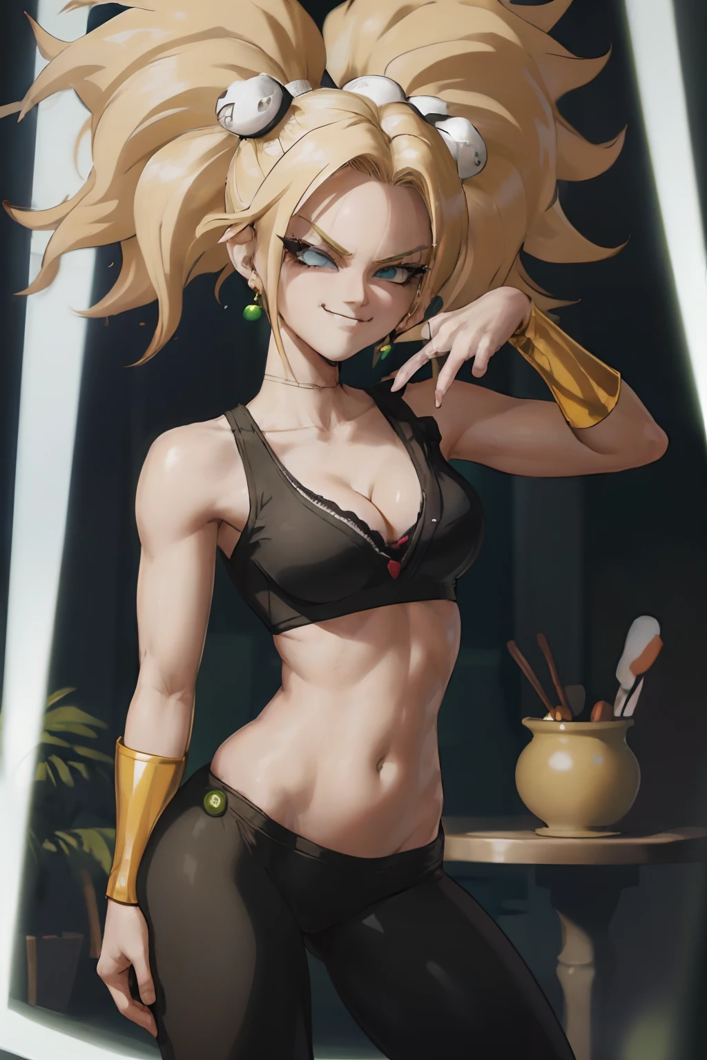 (best quality, masterpiece), blonde hair, green earrings, yoga pants, yoga bra, skin tight, toned, smug, smirk, kefla, thin waist, backlight, sexy