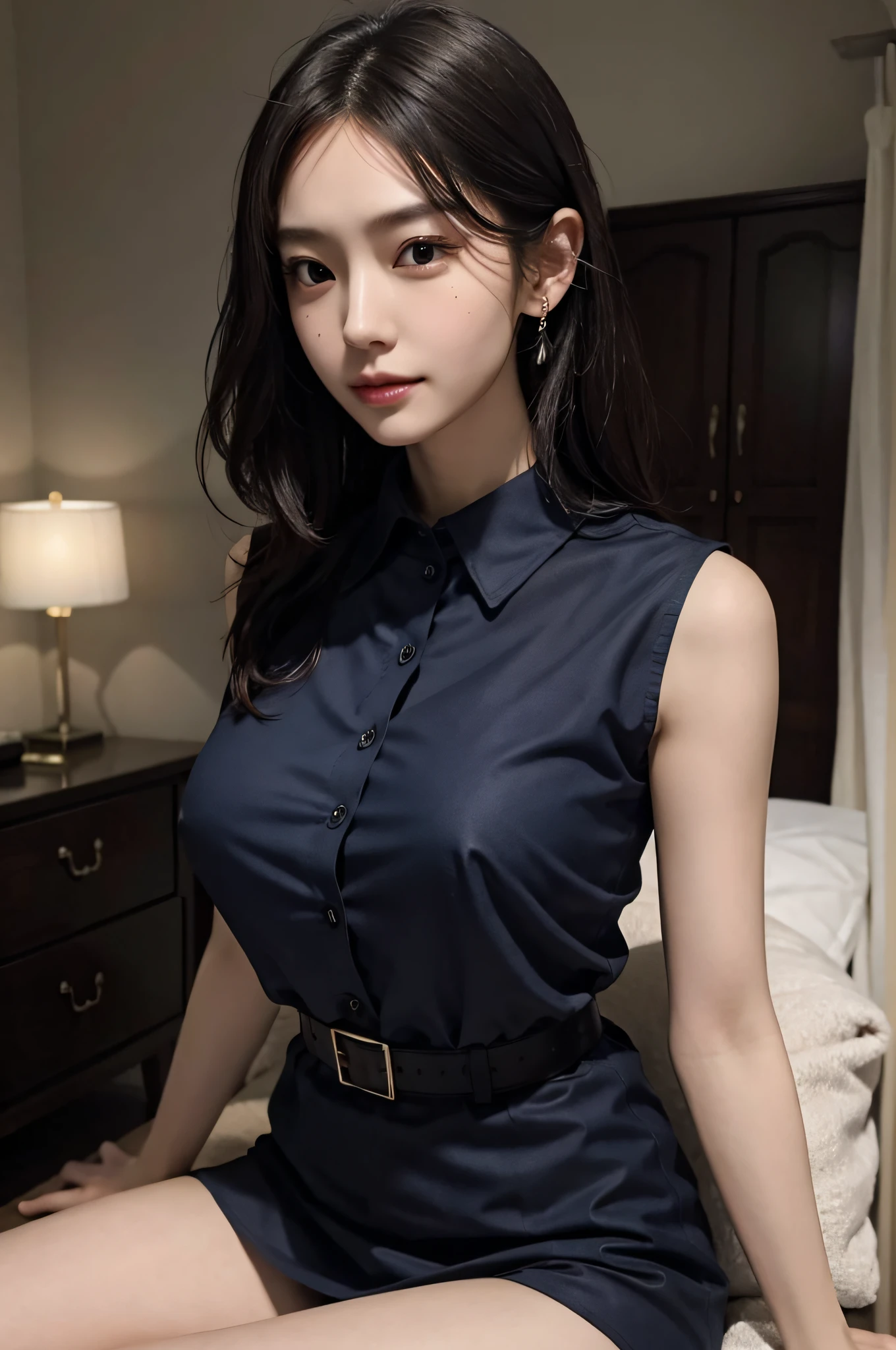 (very huge breasts, perfect anatomy:1.4), (short wavy hair, full body:1.1), (sleeveless collared shirt dress:1.4), whole body, RAW photo, extremely delicate and beautiful, masterpiece, Best Quality, ultra high resolution, 16k, hyperrealistic, ultra-detailed, Very detailed CG 8k wallpaper, Beautiful Lighting, Perfect Lightning, Realistic Shadows, super Detailed shiny skin, perfect figure, Japanese woman, late 20s, Slim body, Slim abdomen, very small head, handsome detailed woman, very detailed eyes and face, realistic face proportions, Stunning detailed eyes, Realistic beautiful face, very small face, Realistic small beautiful eyes, double eyelids, makeup, tearful mole, mole on chest, earring, bare legs, beautiful and very thin legs, beautiful and very thin thighs, narrow waist, (cleavage, Soft midriff, Fine Collarbone, off-shoulder:0.1),