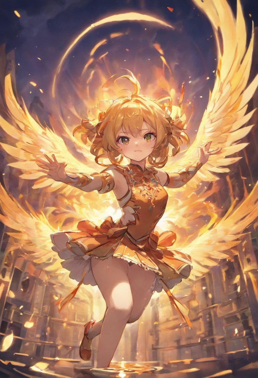 Anime game Arcane Garden's of the Great White Empire - Girl, fairy, golden eyes, fiery golden hair, orange feather wings, fairy wings, feathers, fiery golden dress, white tights, white hairpin, lotus bracelet, fiery lotuses, lake, sunset, Asian temple on the background, white scythe