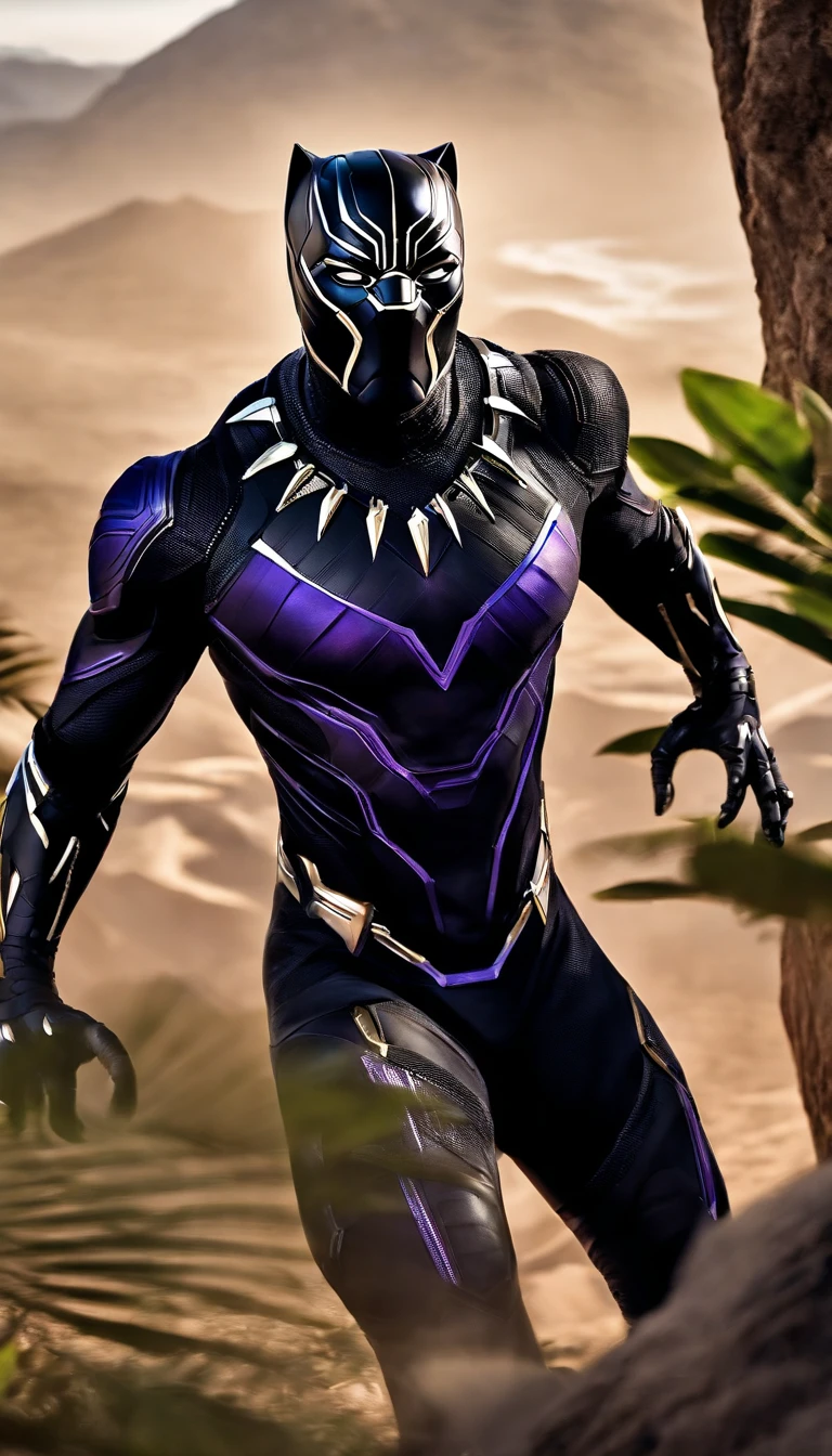 "Produce a flawless, hyper-realistic image of Black Panther in his signature body armor suit. The suit should feature a unique blue-purple armor design reminiscent of Iron Man's high-tech style. Ensure that the image captures the intricate details of the suit, with a focus on its radiant glow and futuristic elements, making Black Panther appear both regal and technologically advanced." Black panther Hi-Tech armour cyberpunk style,