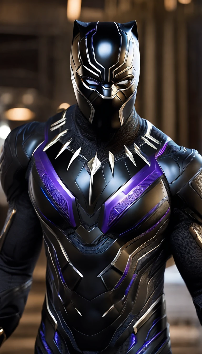 "Produce a flawless, hyper-realistic image of Black Panther in his signature body armor suit. The suit should feature a unique blue-purple armor design reminiscent of Iron Man's high-tech style. Ensure that the image captures the intricate details of the suit, with a focus on its radiant glow and futuristic elements, making Black Panther appear both regal and technologically advanced." Black panther Hi-Tech armour cyberpunk style,
