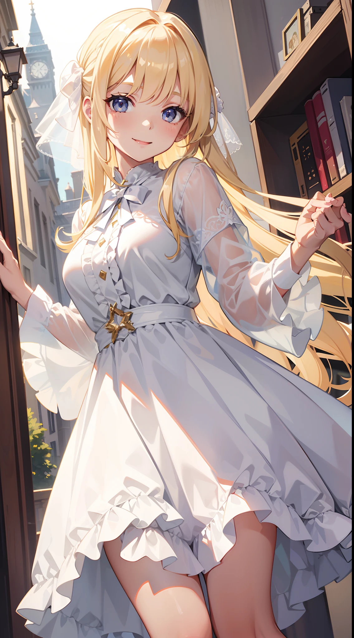 young girl, longue blonde hair, white eyes, Smile, translucent blouse, Upskirt, ssmile, Masterpiece, hiquality, 4k, HD, Good detail