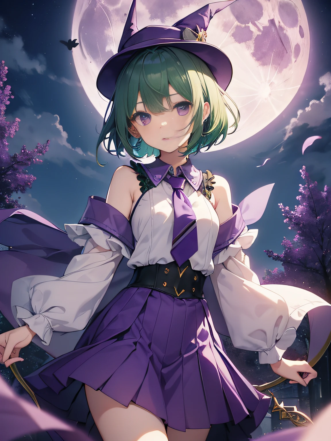 top-quality、extremely delicate and beautiful、(A girl)、Purple Eye、Green hair、short-haired、(Purple pointy hat)、Purple tie、Soio、shortsleeves、Purple skirt、Purple Wizard Robe、Navel、is standing、Full moon night on background