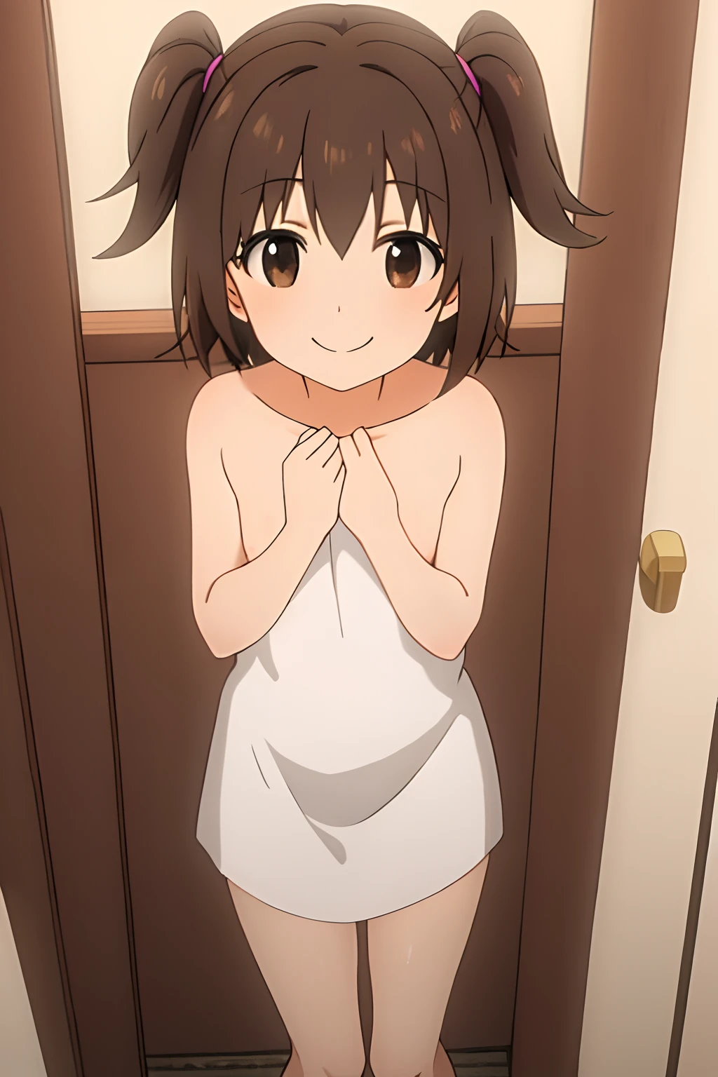 masterpiece, best quality,
1girl, solo, brown hair, short hair, two side up, brown eyes, flat chest, smile,
white towel on the body,
looking at viewer,nude legs,
onsen,