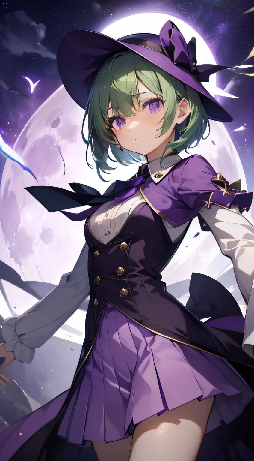 top-quality、extremely delicate and beautiful、(A girl)、Purple Eye、Green hair、short-haired、(Purple pointy hat)、Purple tie、Soio、shortsleeves、Purple skirt、Purple Wizard Robe、Navel、is standing、Full moon night on background