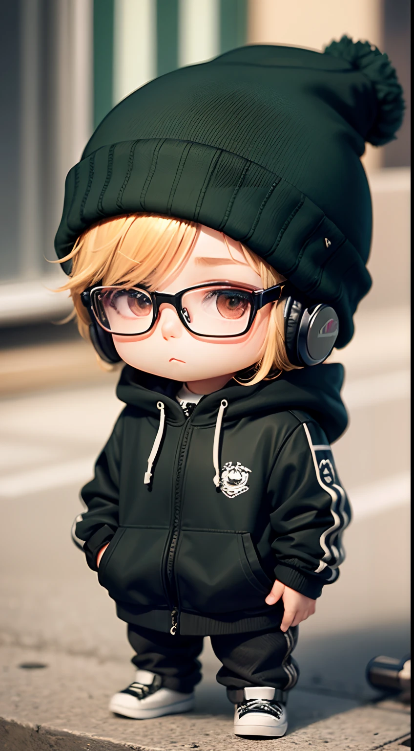Chibi otaku hombre con lentes, que en el pecho de su ropa tenga la letra (M) grande de color negro 