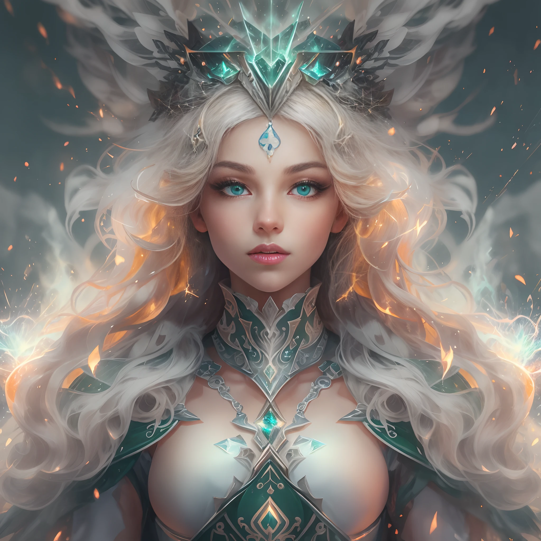 Vintage style fantasy, Masterpiece, Magnificent art, Best quality, 1girll, Close up girl Nordic princess, Scandinavian mountains, Winter weather, symmetrical and hyper detailed face, Silky skin like peach silk, Energetic and aggressive green eyes, Gray and messy hair that goes all the way to the waist, Sculptural body, (spark of light: 0.7), Adobe illustration, Trand on Artstation, 8K, HD, hyper HD, Cool soft lighting, --q 500 --s 100, -