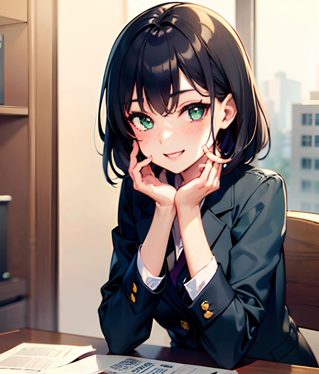 1girl, light blue buisness suit, dark green eyes, confident, friendly smile, black dyed curly hair, medium bust, freckles, sitting ontop of a desk and hands off to the sides, office background