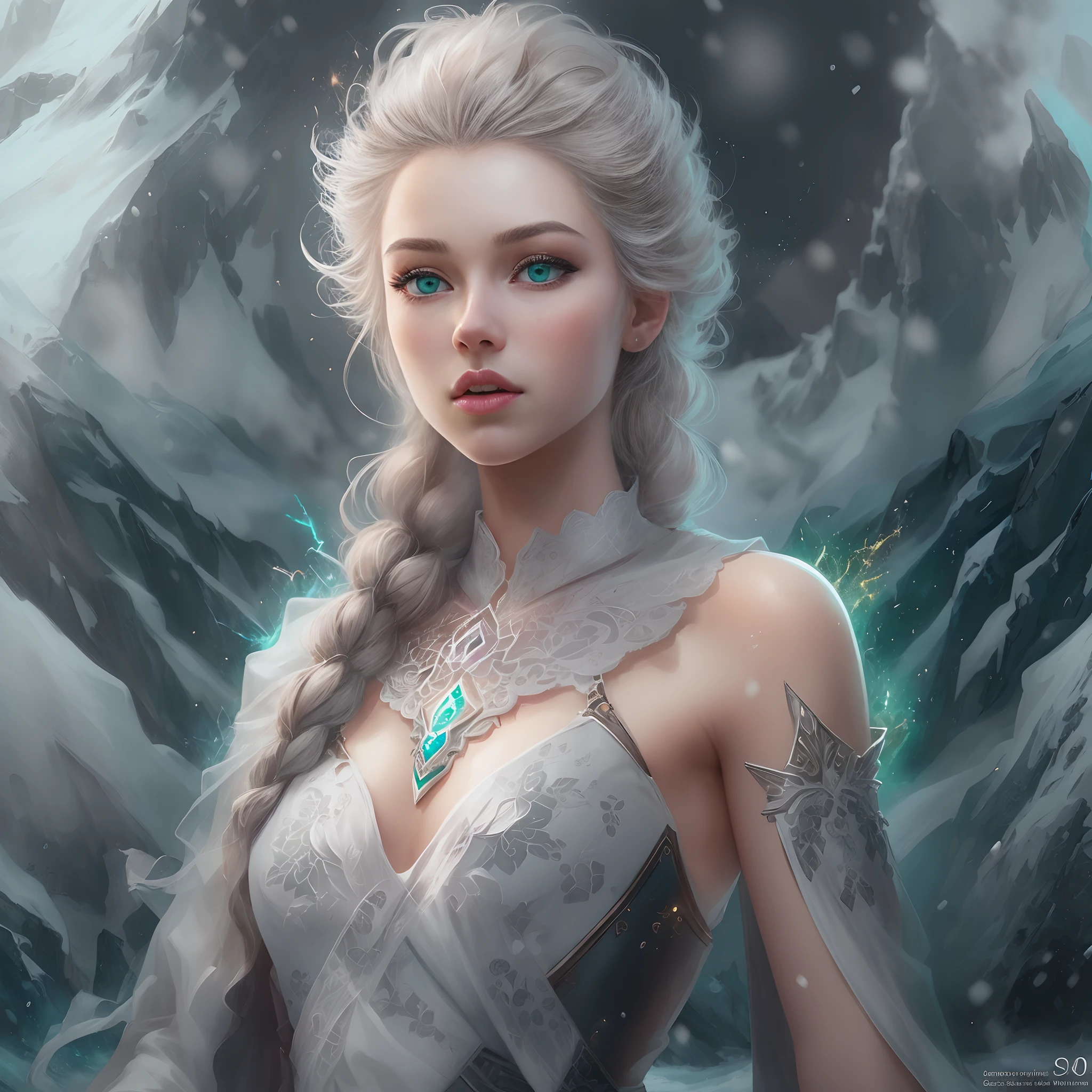 Vintage style fantasy, Masterpiece, Magnificent art, Best quality, 1girll, Close up girl Nordic princess, Scandinavian mountains, Winter weather, symmetrical and hyper detailed face, Silky skin like peach silk, Energetic and aggressive green eyes, Gray and messy hair that goes all the way to the waist, Sculptural body, (spark of light: 0.7), Adobe illustration, Trand on Artstation, 8K, HD, hyper HD, Cool soft lighting, --q 500 --s 100, -