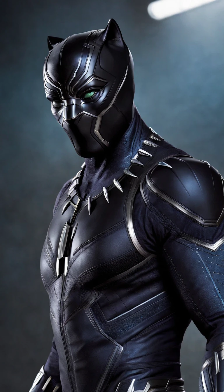 "Produce a flawless, hyper-realistic image of Black Panther in his signature body armor suit. The suit should feature a unique blue-purple armor design reminiscent of Iron Man's high-tech style. Ensure that the image captures the intricate details of the suit, with a focus on its radiant glow and futuristic elements, making Black Panther appear both regal and technologically advanced." Black panther Hi-Tech armour cyberpunk style,