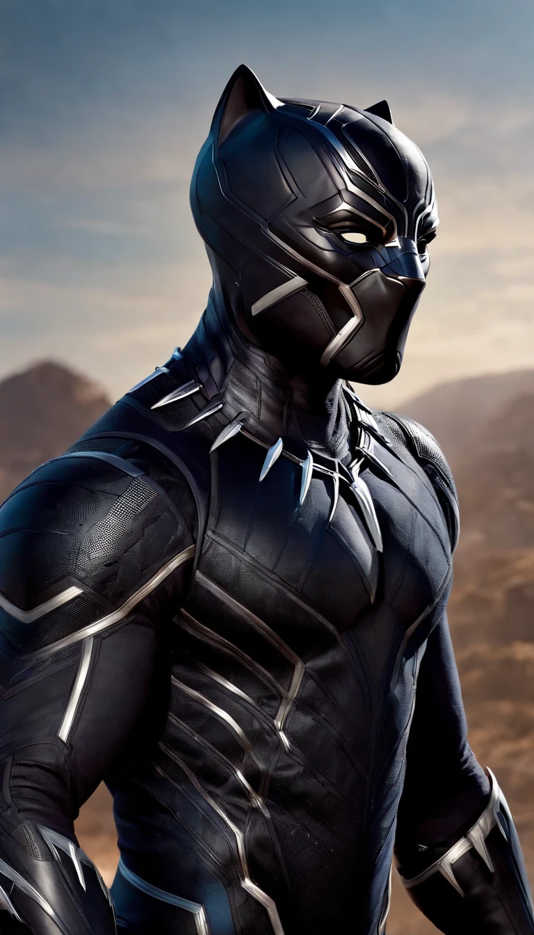 "Produce a flawless, hyper-realistic image of Black Panther in his signature body armor suit. The suit should feature a unique blue-purple armor design reminiscent of Iron Man's high-tech style. Ensure that the image captures the intricate details of the suit, with a focus on its radiant glow and futuristic elements, making Black Panther appear both regal and technologically advanced." Black panther Hi-Tech armour cyberpunk style,