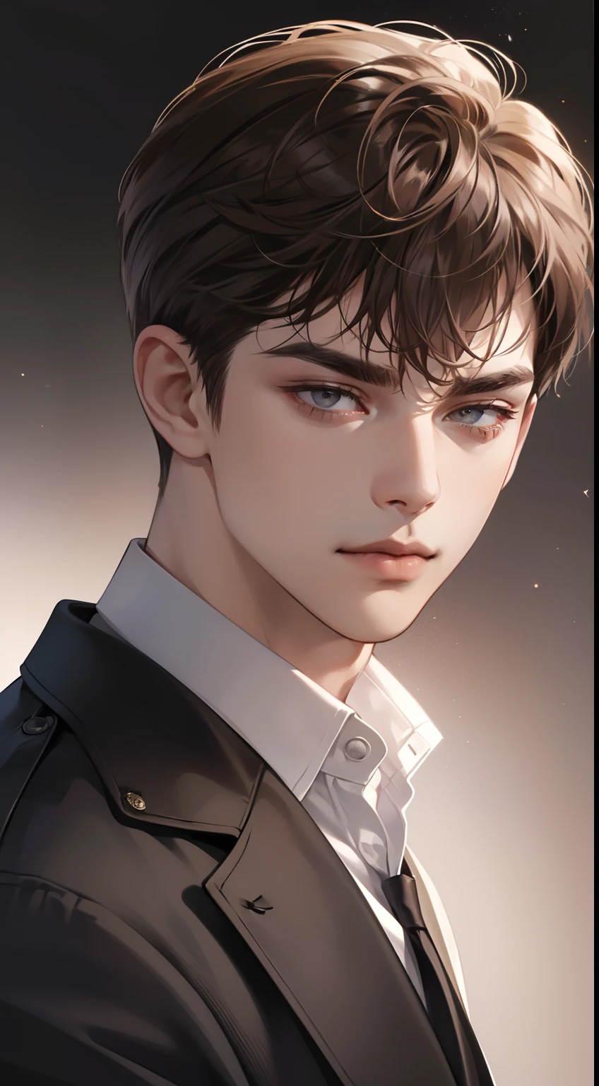 masterpiece, best quality, realistic, 1man, mature male, quiet and charming young man, 25 years old, close his eyes, serious look, extremely detailed face, smirk, ((dark grey eyes)), ((short-right-swept dark brown hair)), [thick eyebrows], detective, Plain background, ((suit)), cinematic lighting