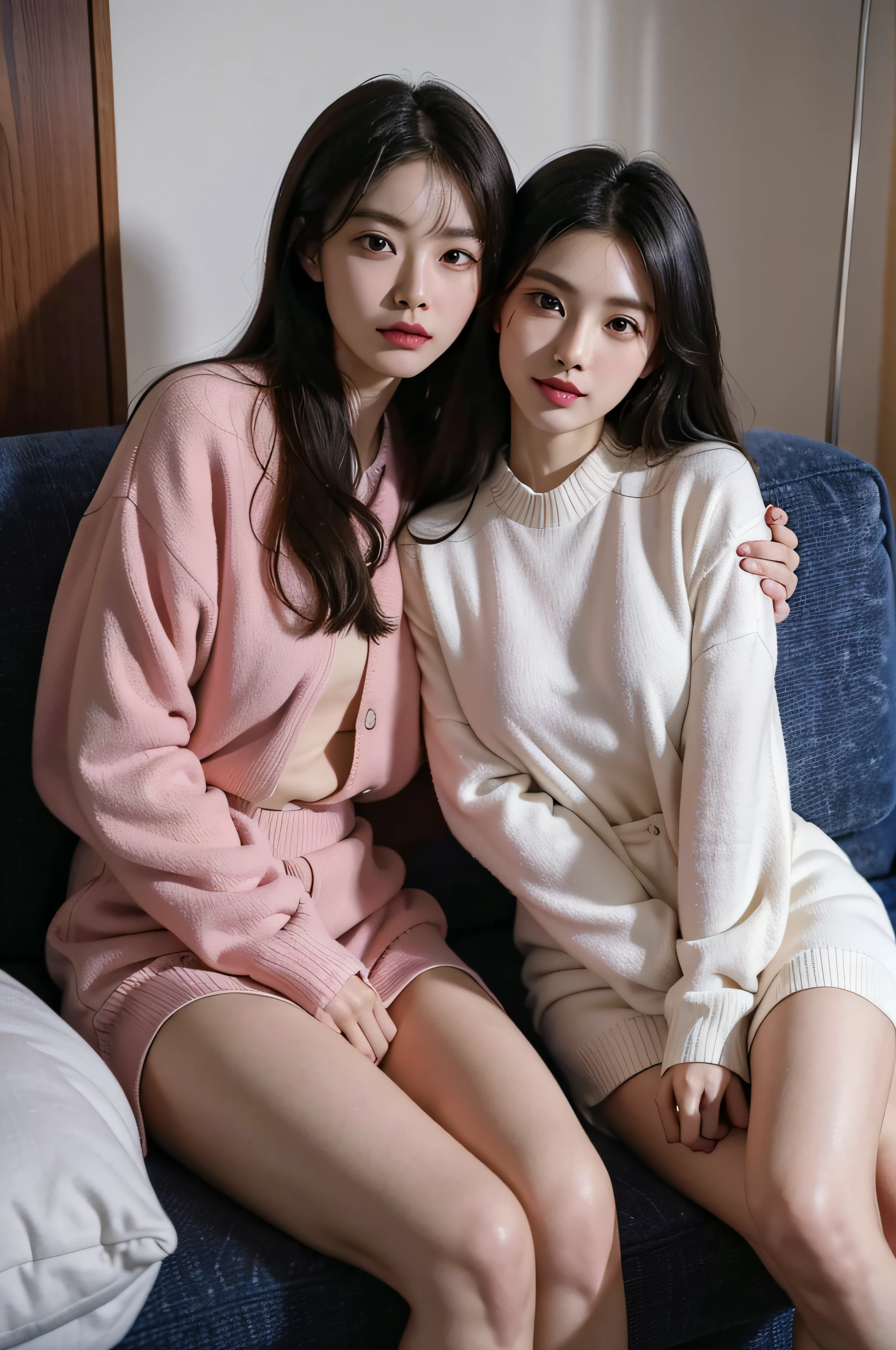 two women posing for a picture in a room with a couch, 8k selfie photograph, nixeu and sakimichan, with ivy, exclusive, 🤬 🤮 💕 🎀, ruan jia and artgerm, 8k)), ssao 8 k, sha xi, yanjun chengt, 🔞🤡, ruan jia beautiful!