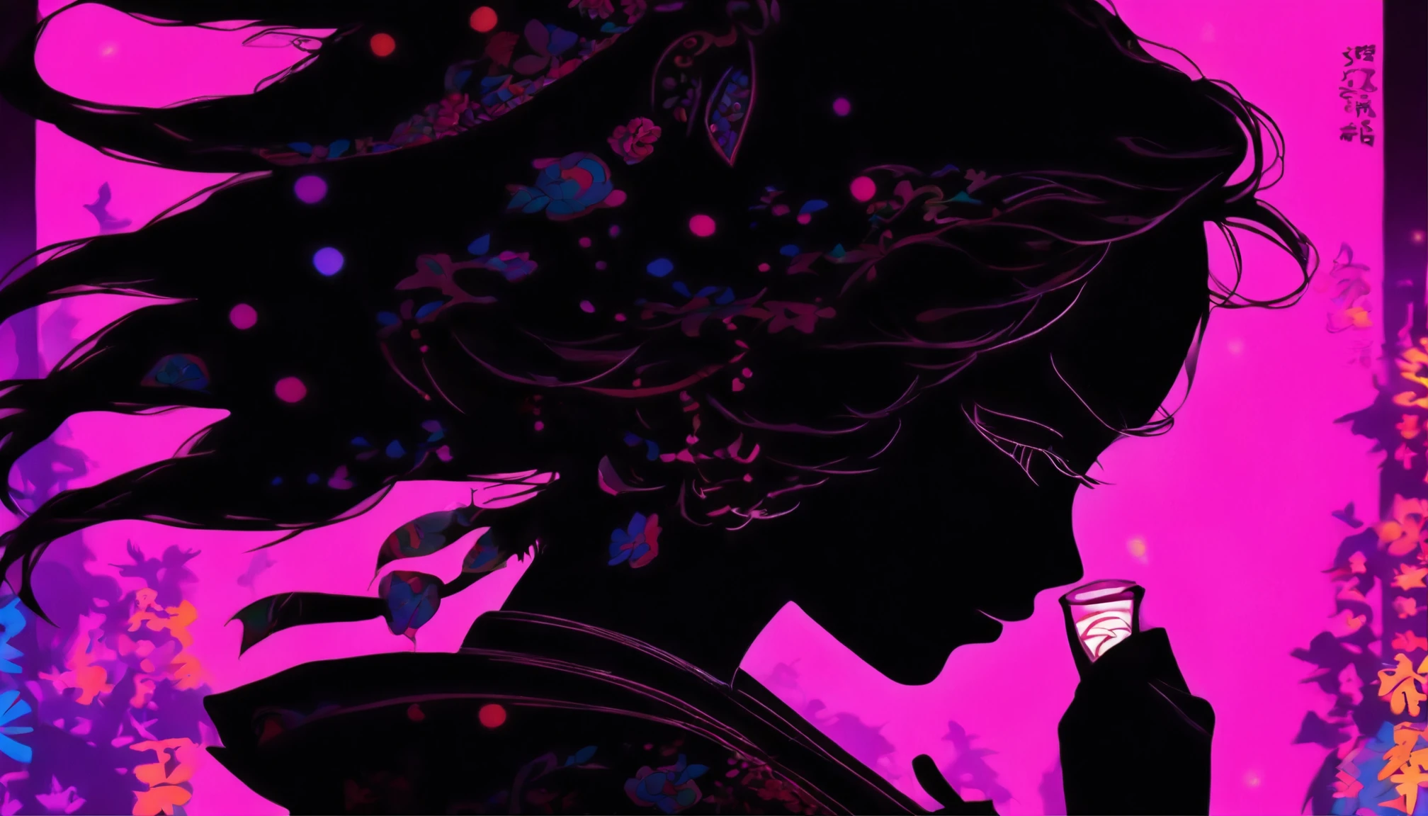 (Silhouette Art,cutouts:1.6)
(((Paper cutting art,A world where only black exists:1.3)
(Cowboy Shot),1 girl,Solo,
(Girl in kimono,profile:1.2),wine bottle、crowd
break
(Colorful colored neon lights)
Textured glass background,Tarot card atmosphere